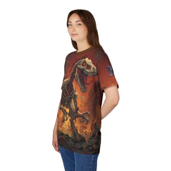 Zombie Raptor Velociraptor In Volcanic Wasteland Tee Unisex (AOP) - Image 18