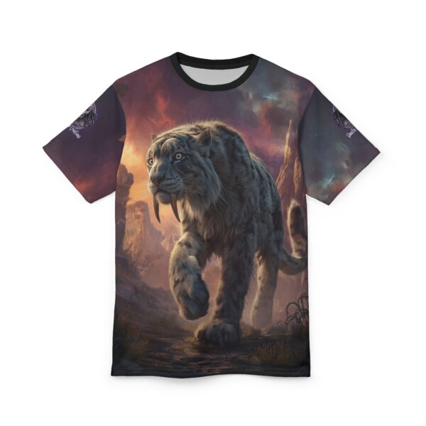 Prehistoric Smilodon aka Sabre-Tooth Tiger II Unisex Tee (AOP) - Image 6