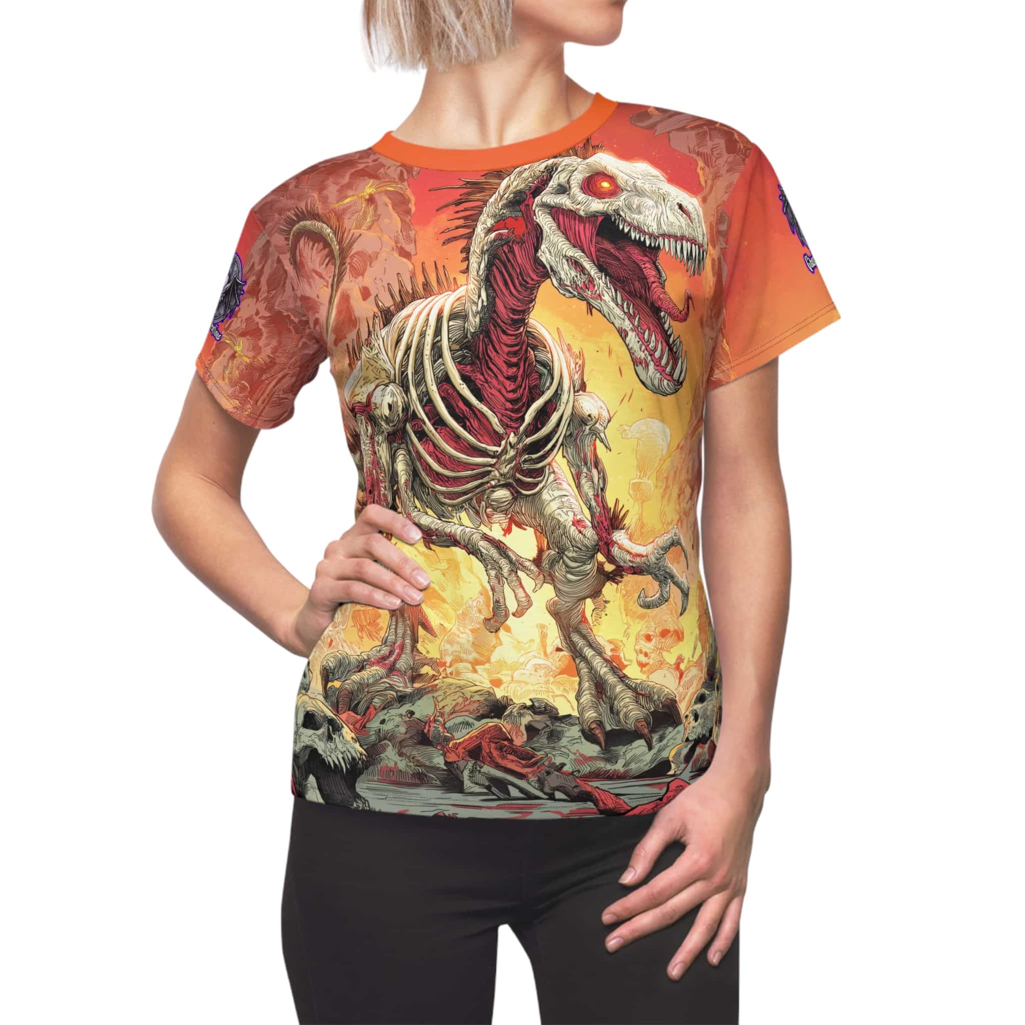 Zombie Raptor Velociraptor In Volcanic Wasteland Tee Women's (AOP) - Image 8