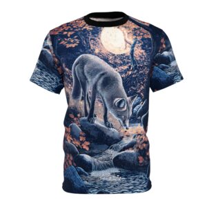 Fox By Stream At Moonlight Unisex Tee by Wyldesigns - Wildlife Graphic T-Shirt #WD-M022 (AOP)