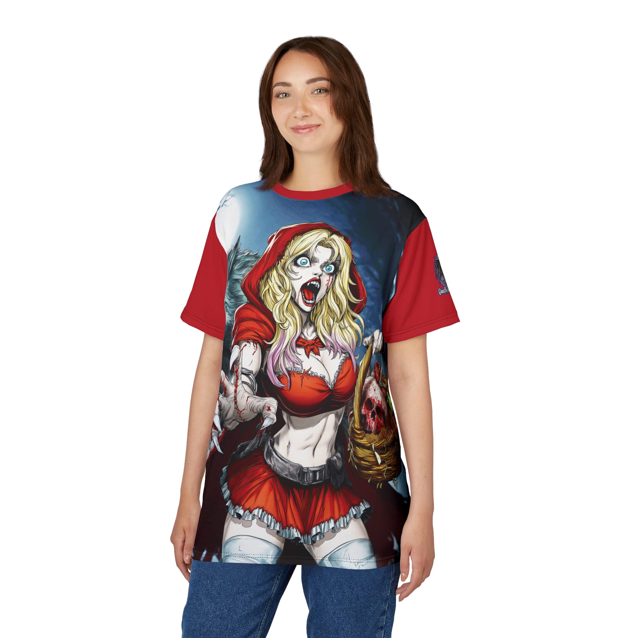 Vampire Red Riding Hood By Ghastly Wicked Tales 2025-01 Tee Unisex (AOP) Red - Image 11