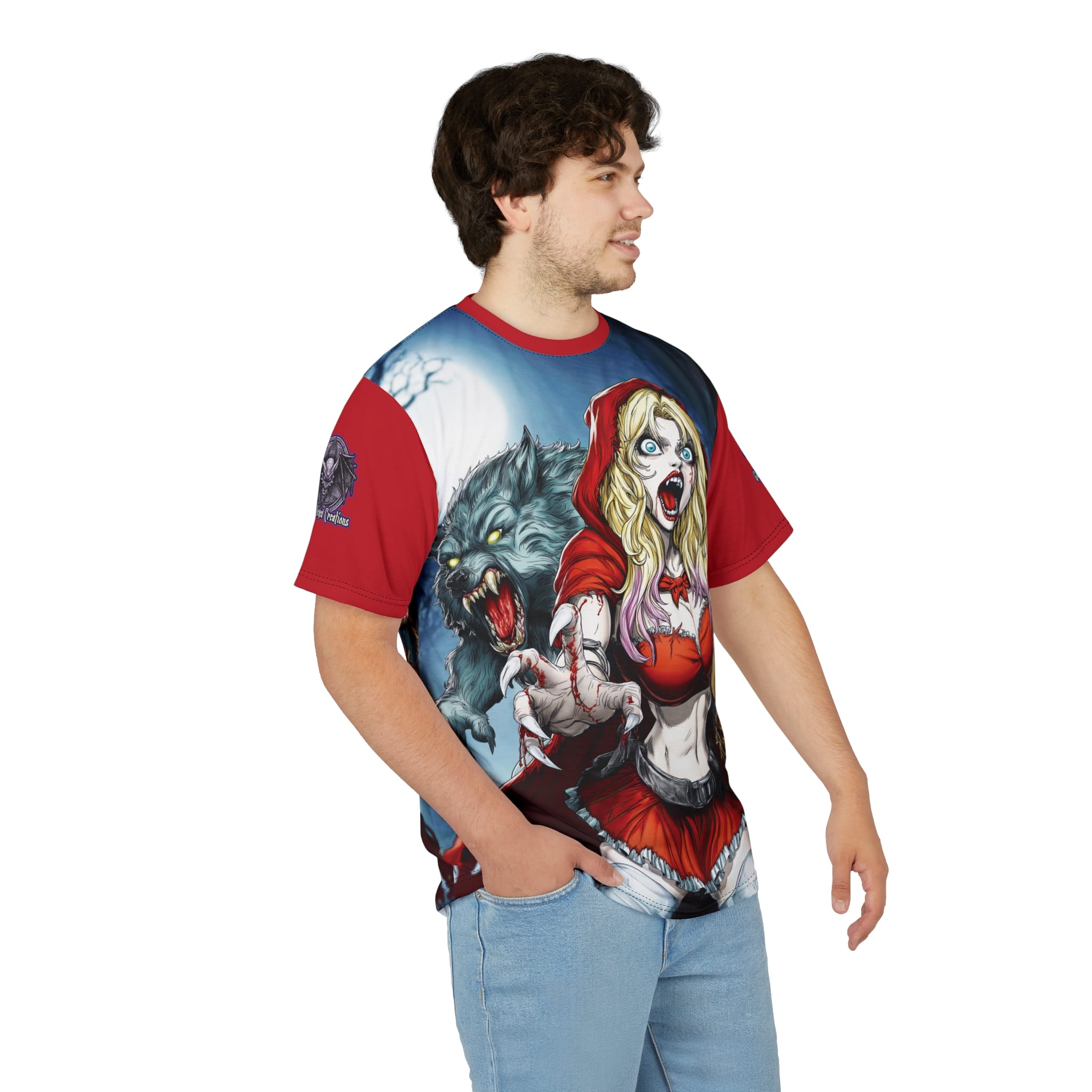 Vampire Red Riding Hood By Ghastly Wicked Tales 2025-01 Tee Unisex (AOP) Red - Image 16