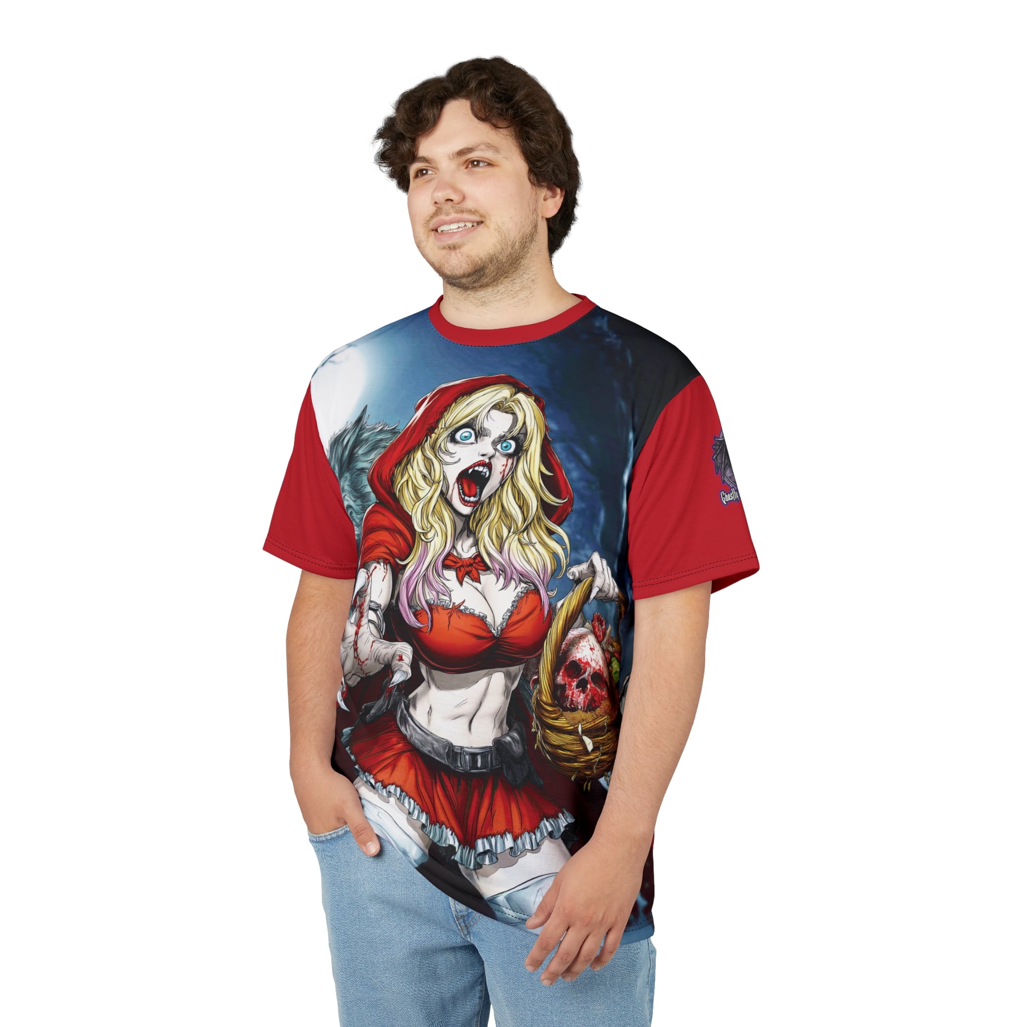 Vampire Red Riding Hood By Ghastly Wicked Tales 2025-01 Tee Unisex (AOP) Red - Image 10