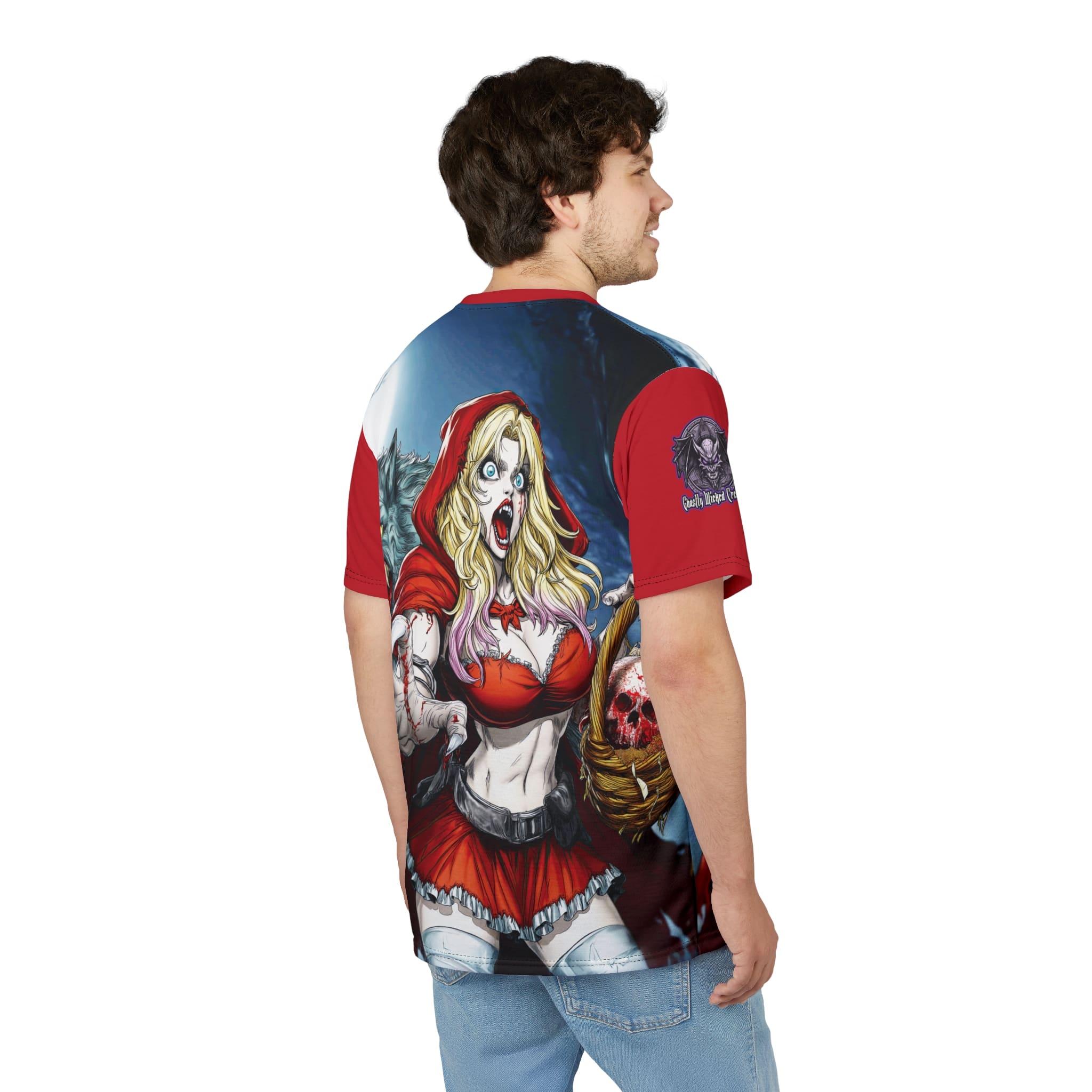 Vampire Red Riding Hood By Ghastly Wicked Tales 2025-01 Tee Unisex (AOP) Red - Image 13