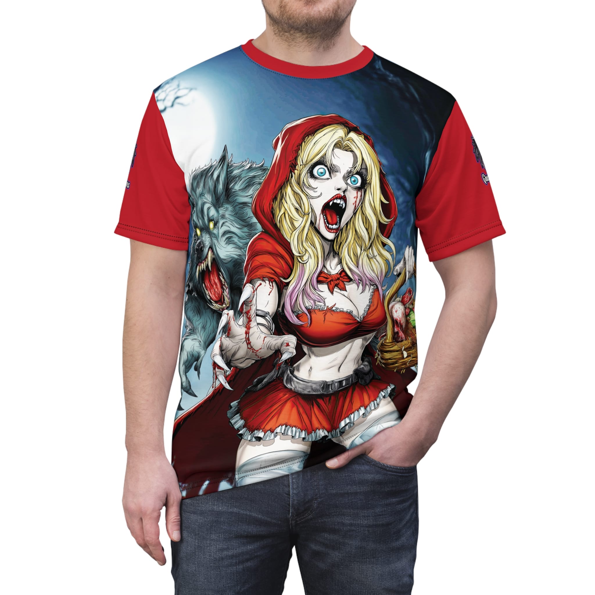Vampire Red Riding Hood By Ghastly Wicked Tales 2025-01 Tee Unisex (AOP) Red - Image 9