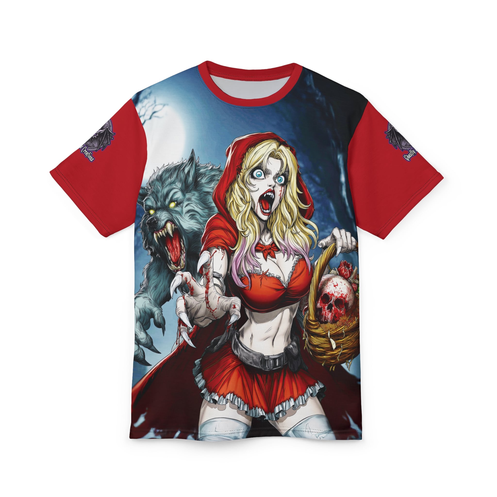 Vampire Red Riding Hood By Ghastly Wicked Tales 2025-01 Tee Unisex (AOP) Red - Image 6