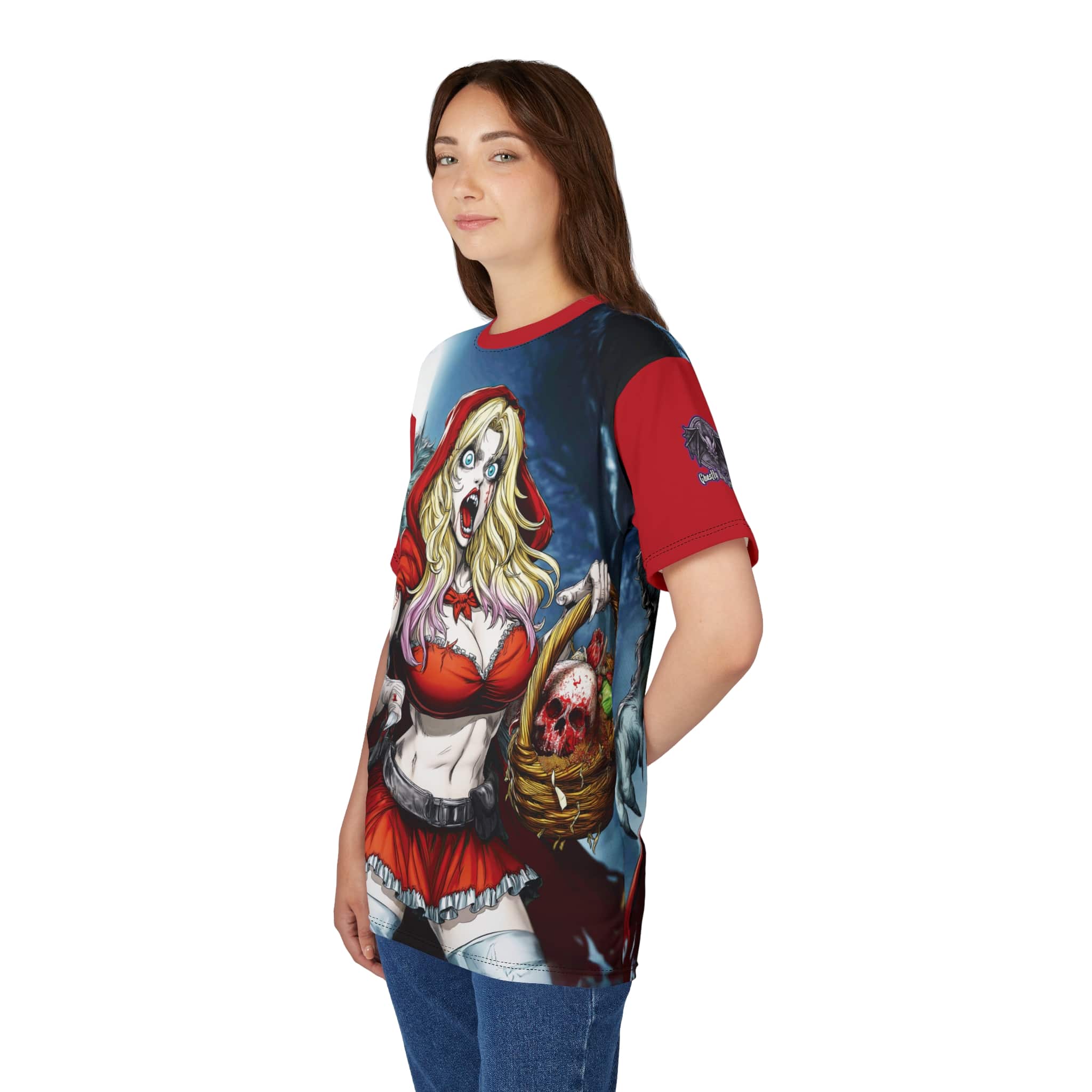 Vampire Red Riding Hood By Ghastly Wicked Tales 2025-01 Tee Unisex (AOP) Red - Image 18