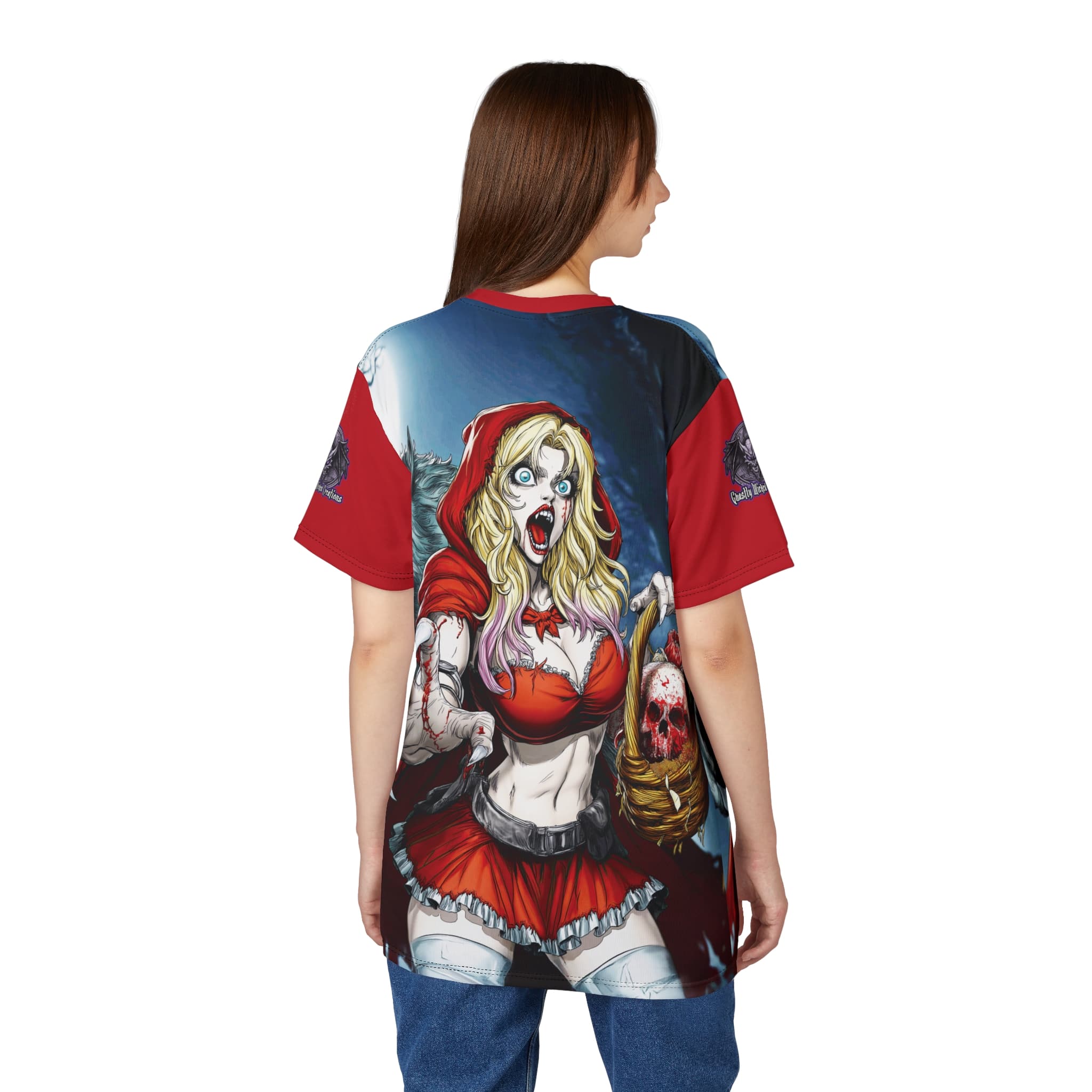 Vampire Red Riding Hood By Ghastly Wicked Tales 2025-01 Tee Unisex (AOP) Red - Image 14
