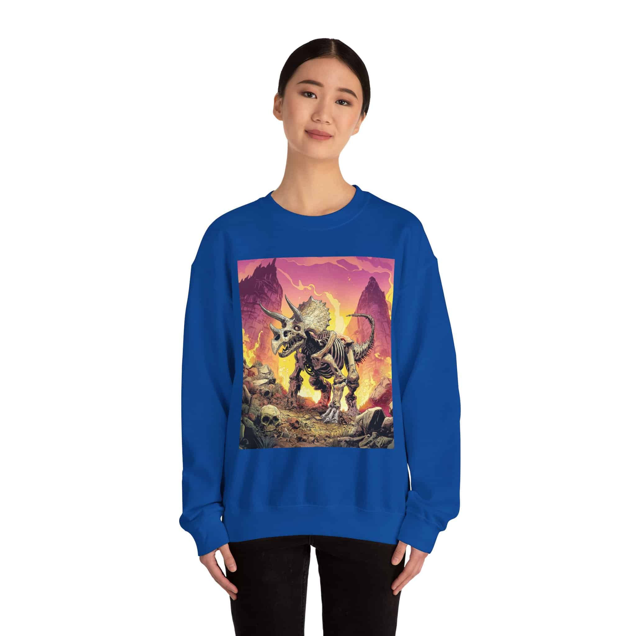 Skeletal Zombie Triceratops In Volcanic Wasteland Unisex Heavy Blend™ Crewneck Sweatshirt - Image 46