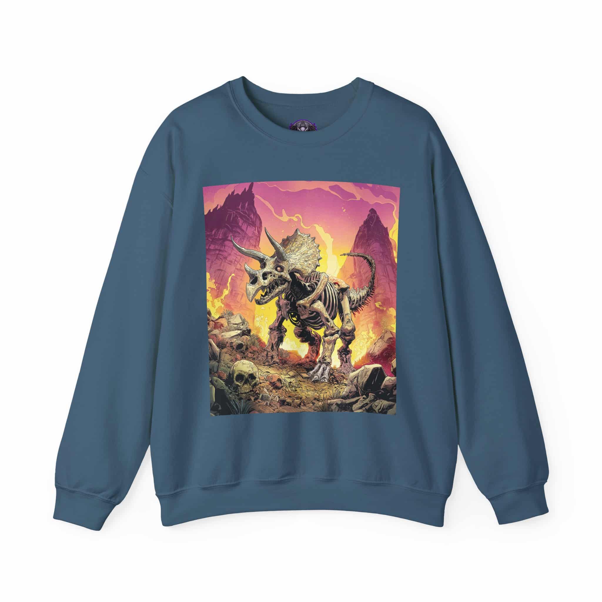 Skeletal Zombie Triceratops In Volcanic Wasteland Unisex Heavy Blend™ Crewneck Sweatshirt - Image 5