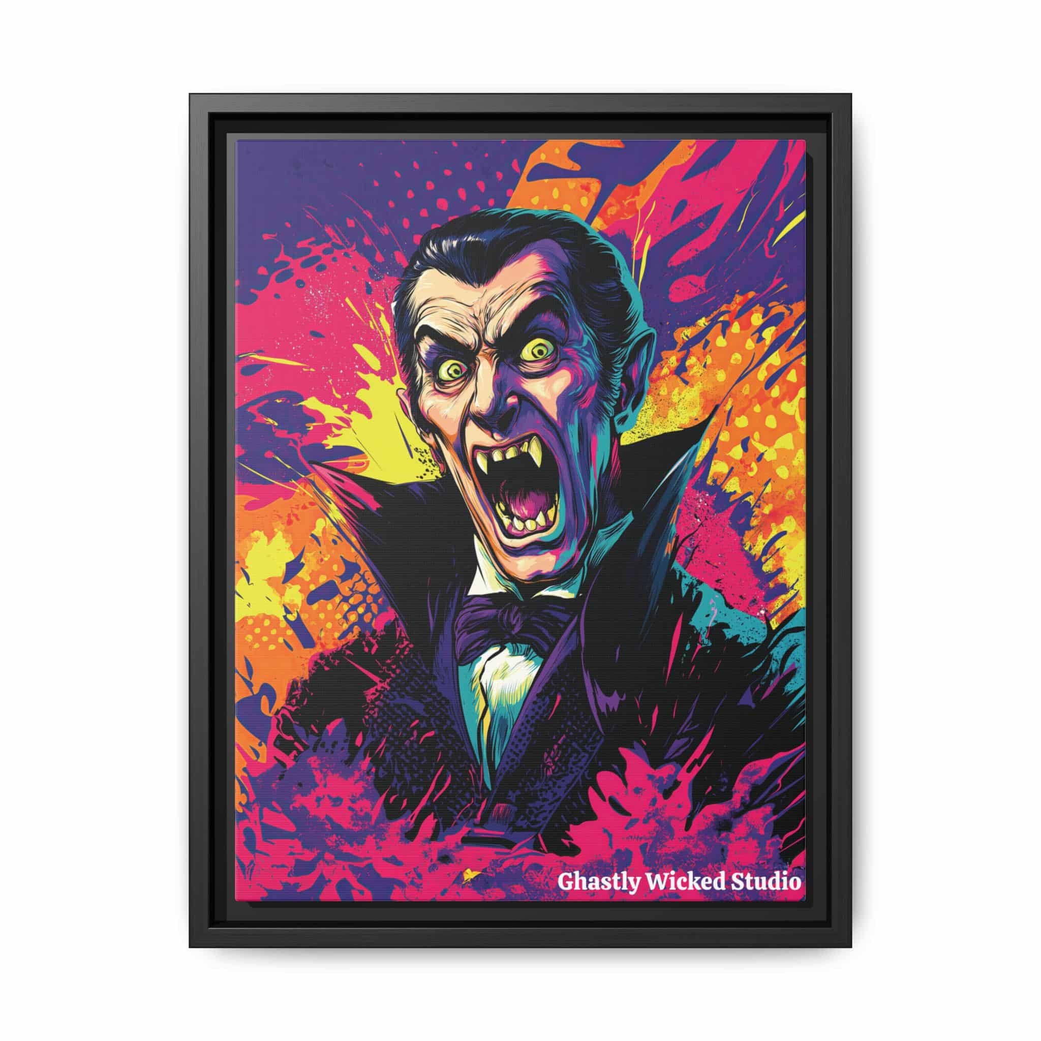 Dracula Pop 60’s Art Style Matte Canvas, Black Frame Halloween