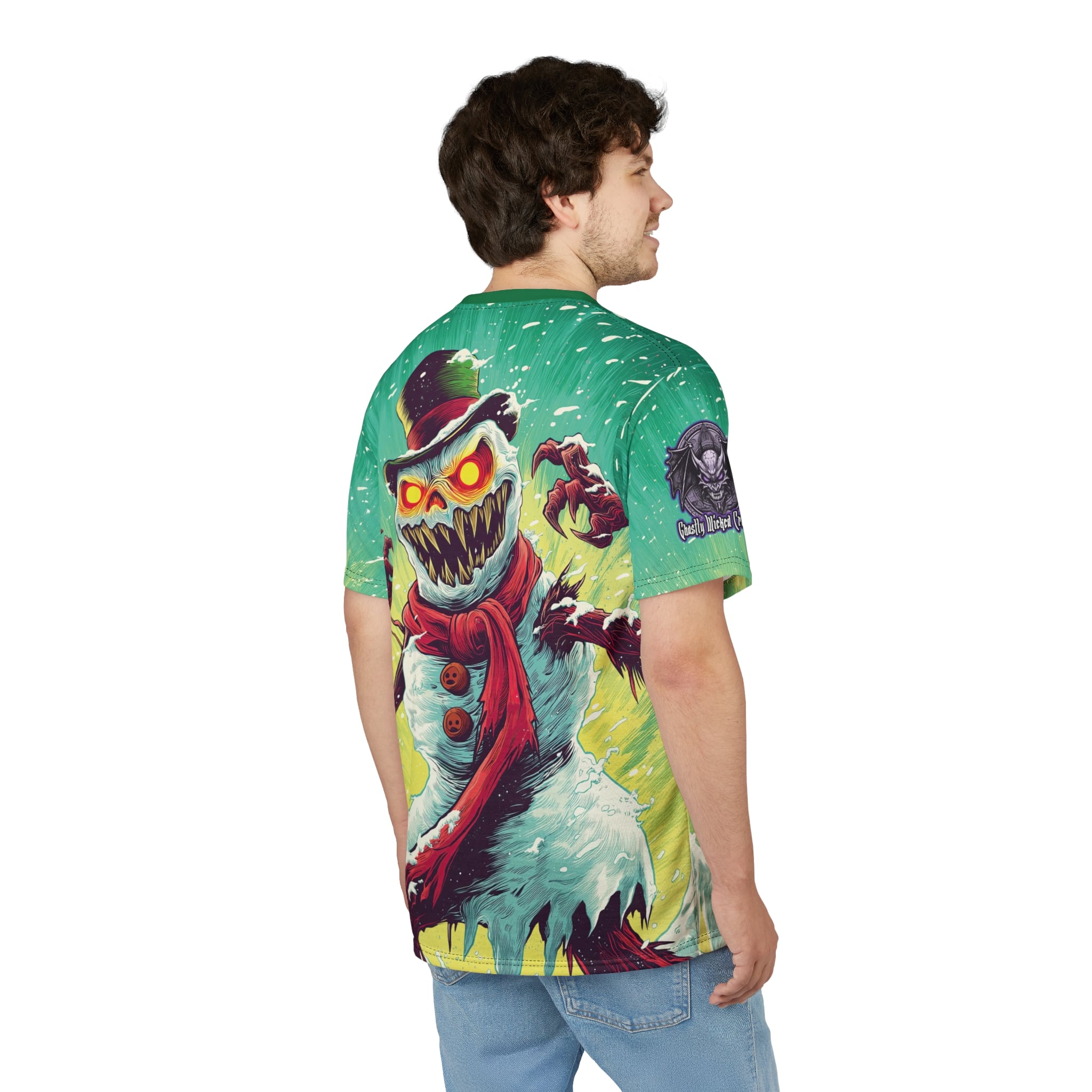 Sadistic Snowman Pop 60’s Art Style Unisex Tee (AOP) Christmas Winter - Image 13