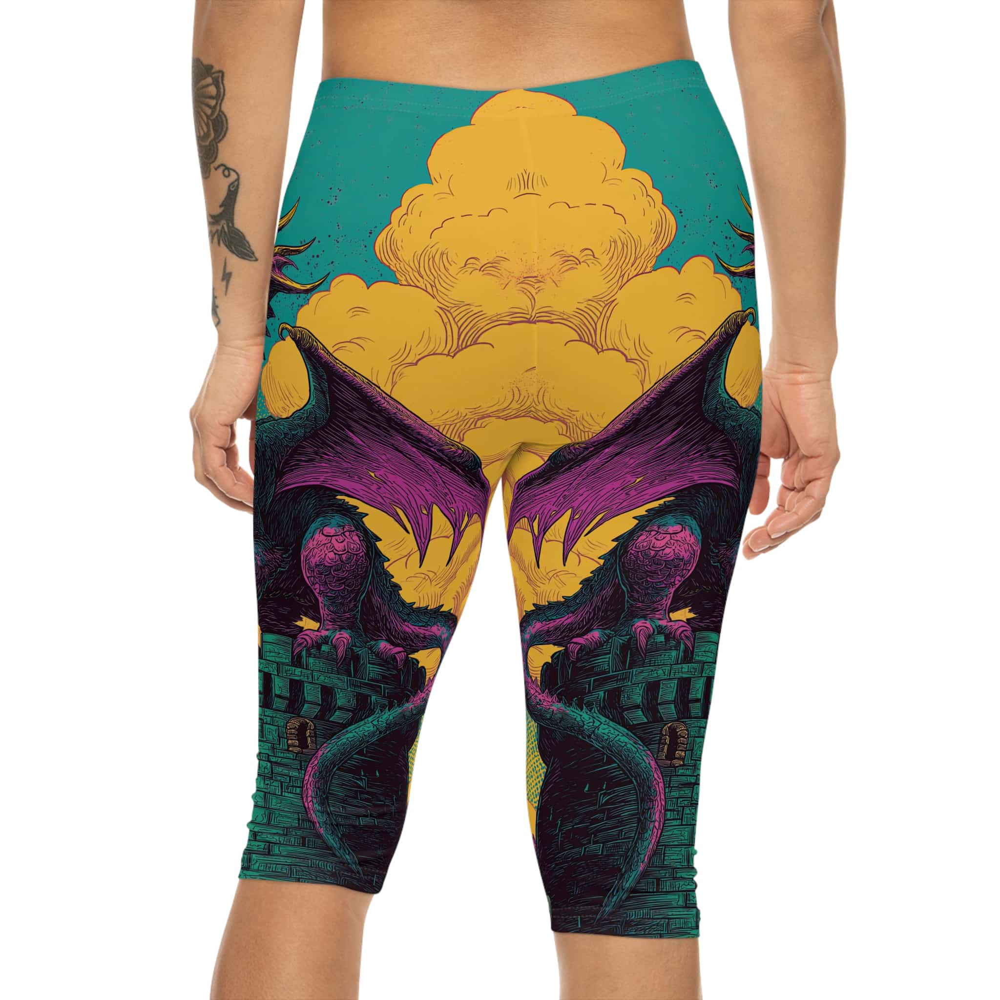 Dragon Guarding Castle Tower 60’s Pop Art Style Capri Leggings - Image 5