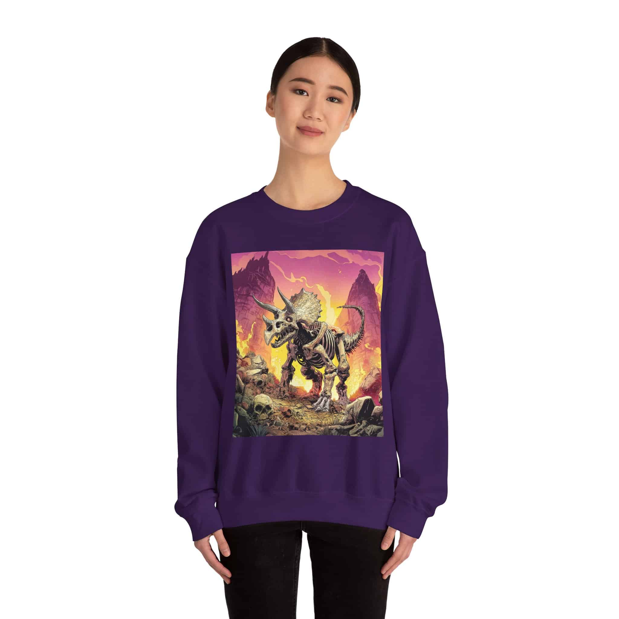 Skeletal Zombie Triceratops In Volcanic Wasteland Unisex Heavy Blend™ Crewneck Sweatshirt - Image 54