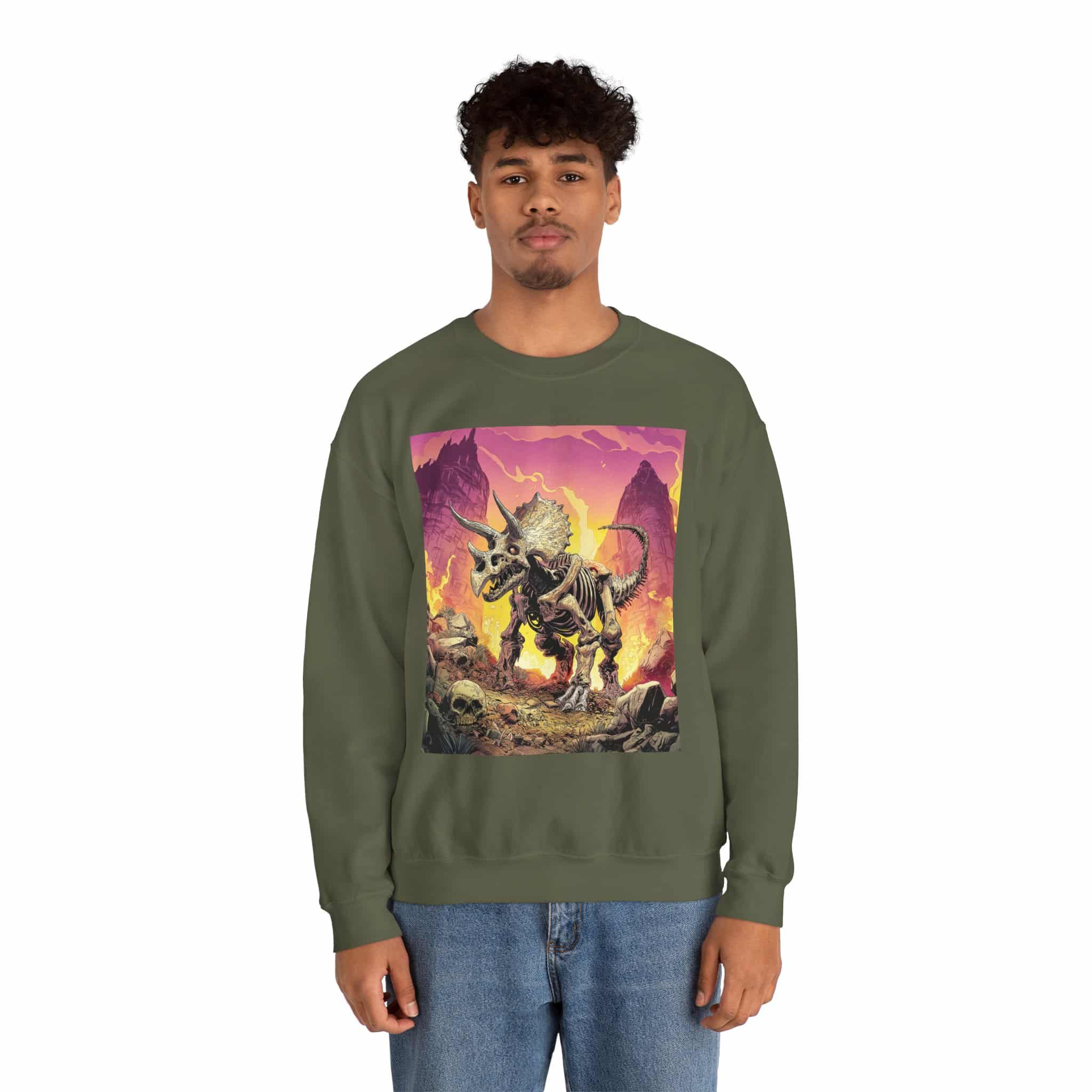 Skeletal Zombie Triceratops In Volcanic Wasteland Unisex Heavy Blend™ Crewneck Sweatshirt - Image 36