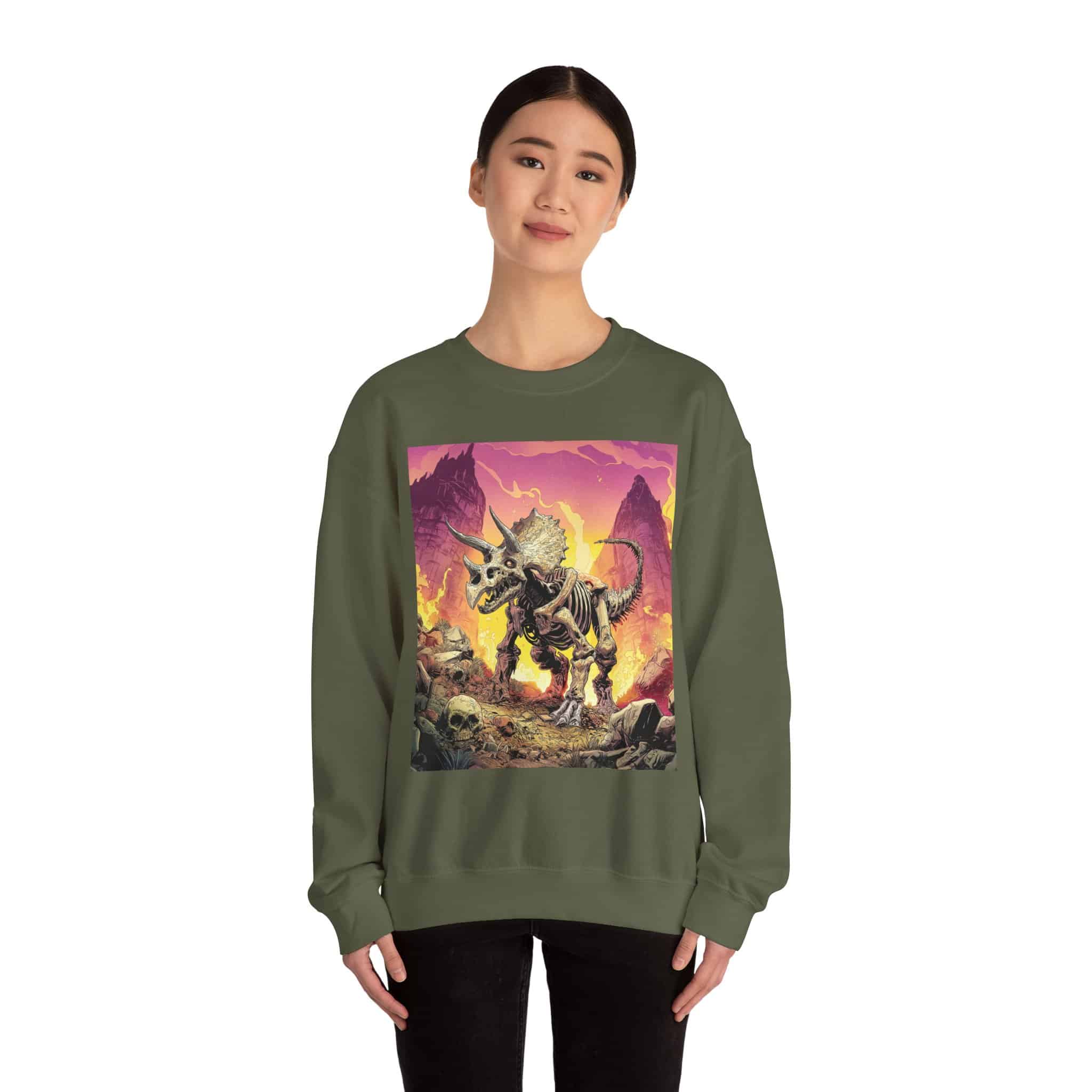Skeletal Zombie Triceratops In Volcanic Wasteland Unisex Heavy Blend™ Crewneck Sweatshirt - Image 34