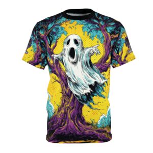 Ghost & Spooky Tree Pop 60’s Art Style Unisex Cut & Sew Tee (AOP) Halloween