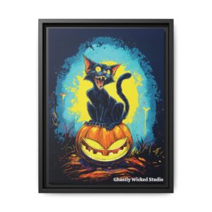 Black Cat On Jack O’ Lantern Pop 60’s Art Style Matte Canvas, Black Frame Halloween