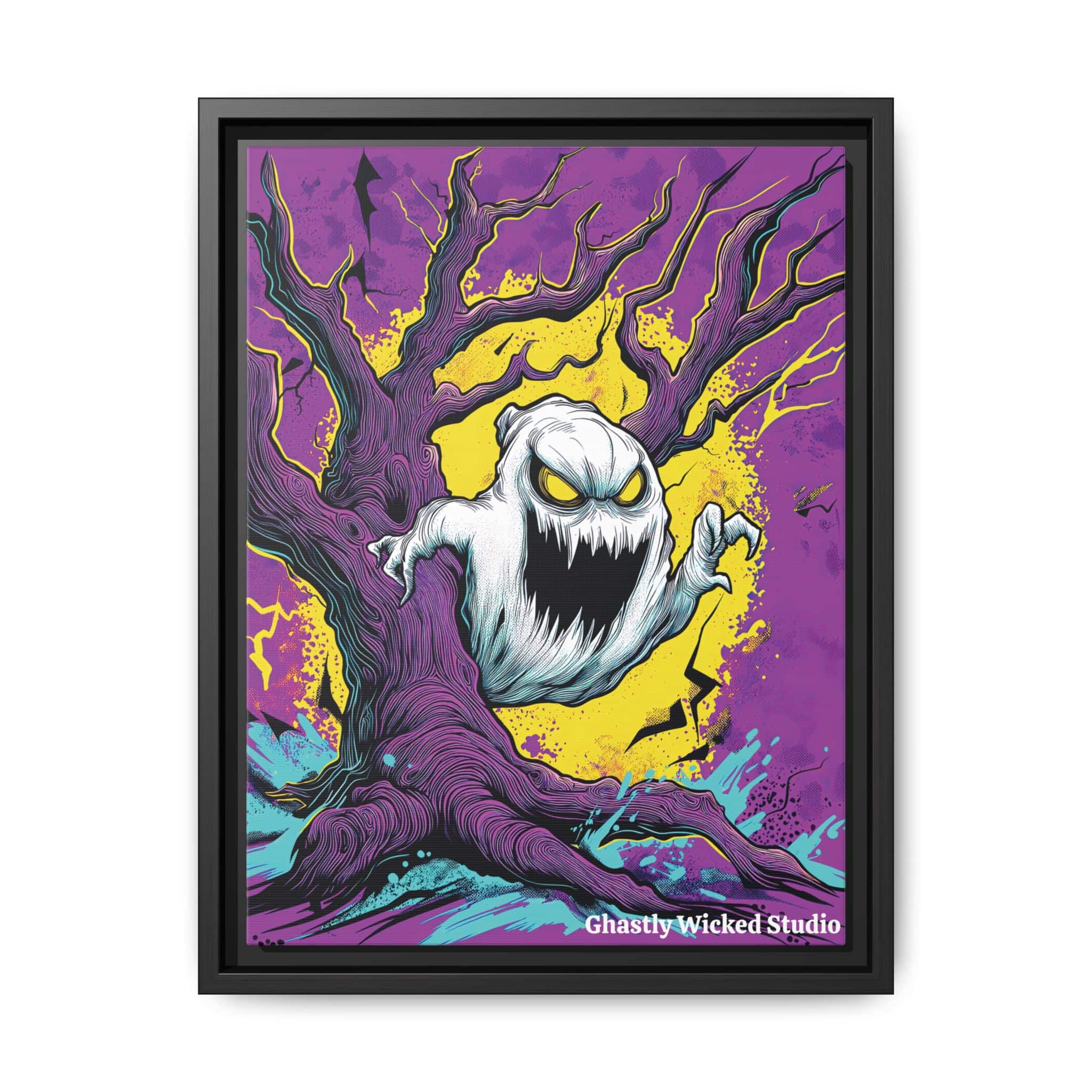 Ghost & Spooky Tree II Pop 60’s Art Style Matte Canvas, Black Frame Halloween