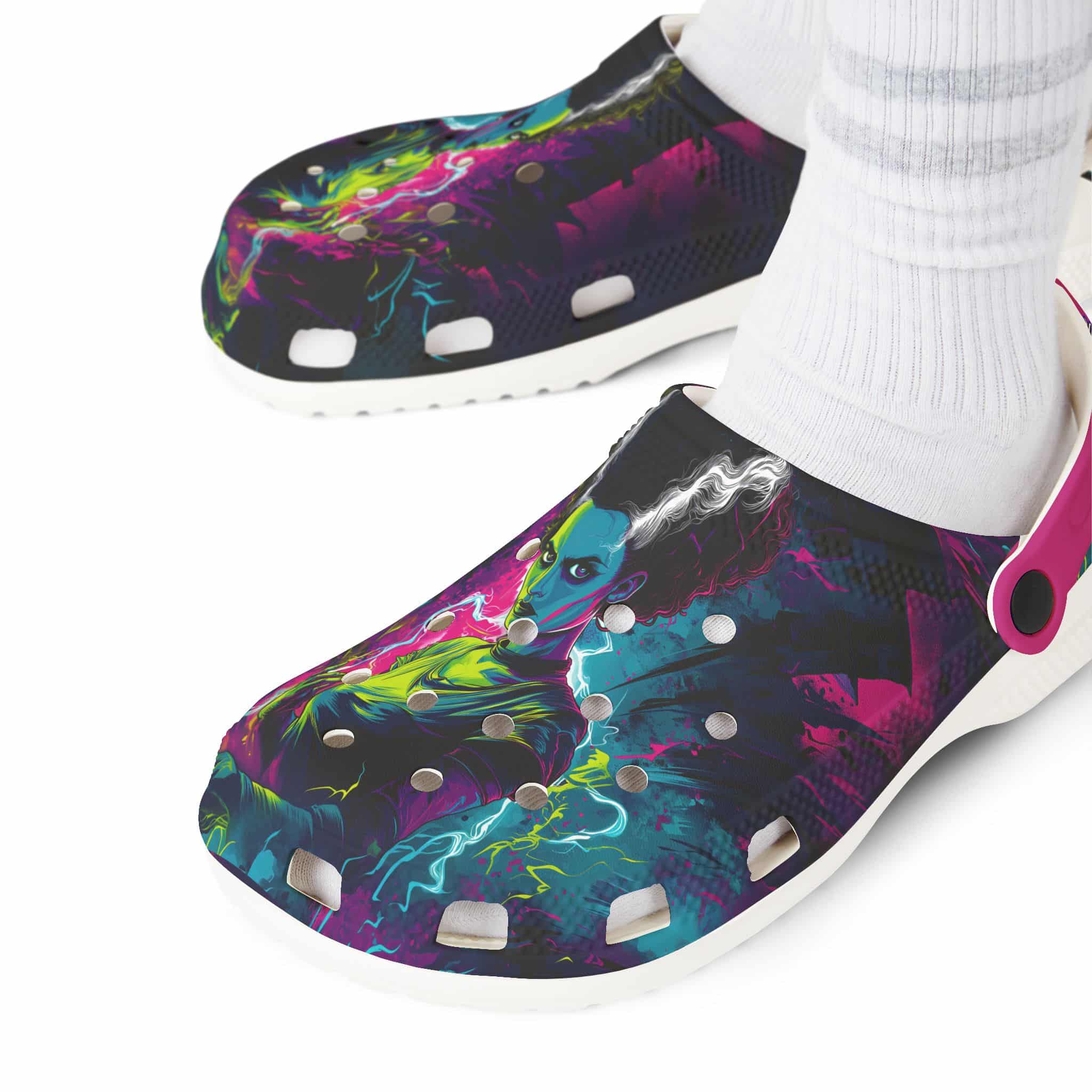 Bride Of Frankenstein Pop 60's Art Style Clog Style Shoes Pink Straps - Image 16