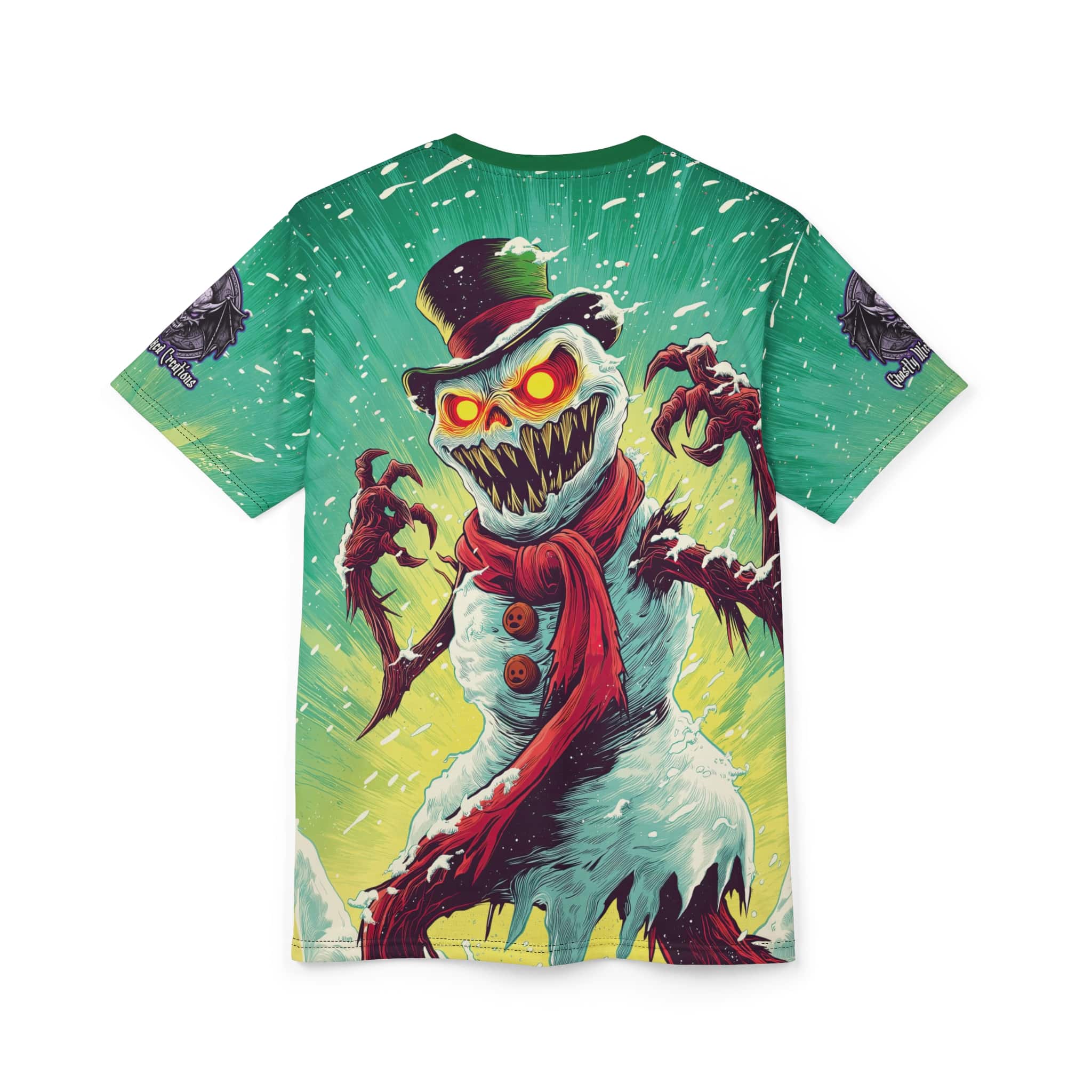 Sadistic Snowman Pop 60’s Art Style Unisex Tee (AOP) Christmas Winter - Image 8