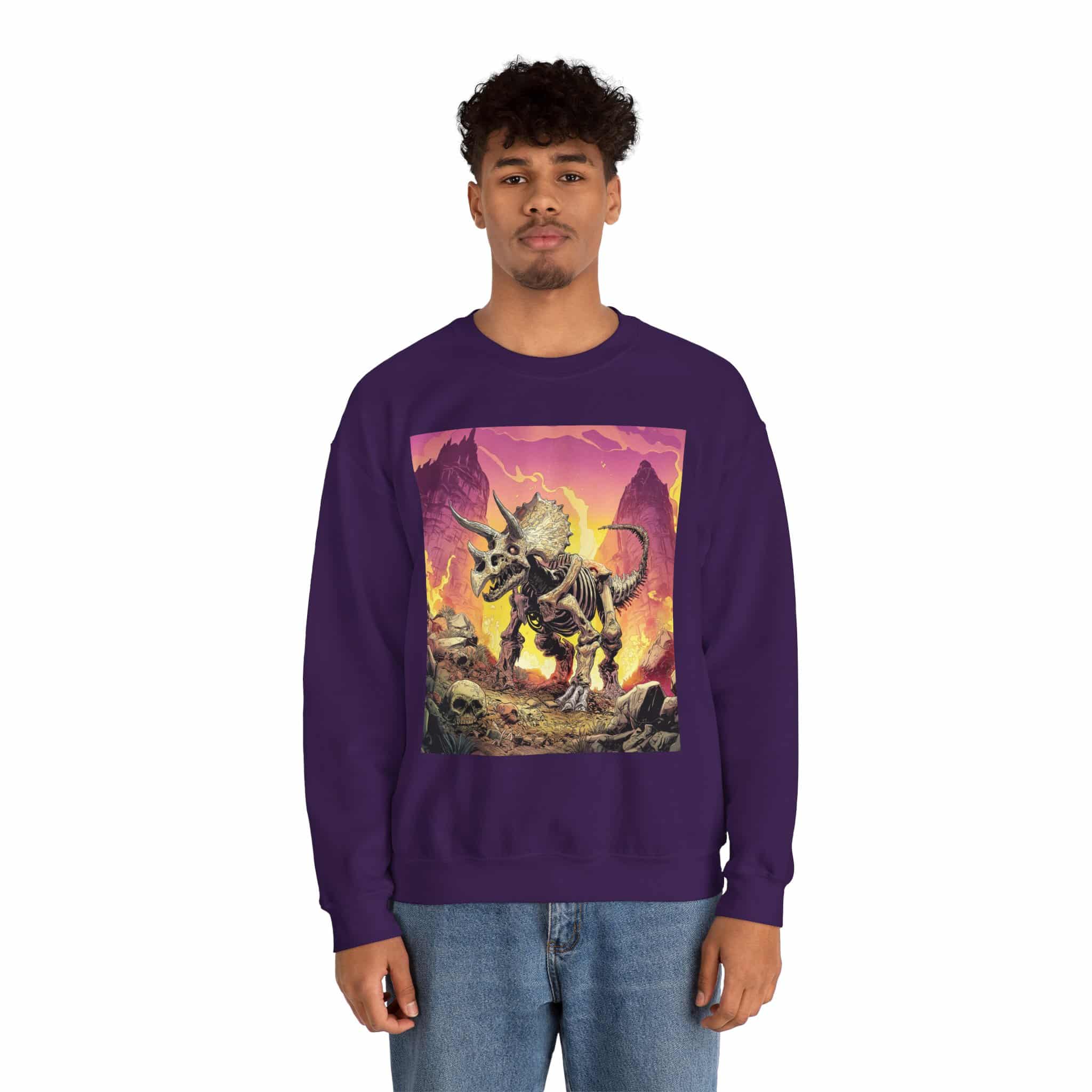 Skeletal Zombie Triceratops In Volcanic Wasteland Unisex Heavy Blend™ Crewneck Sweatshirt - Image 56