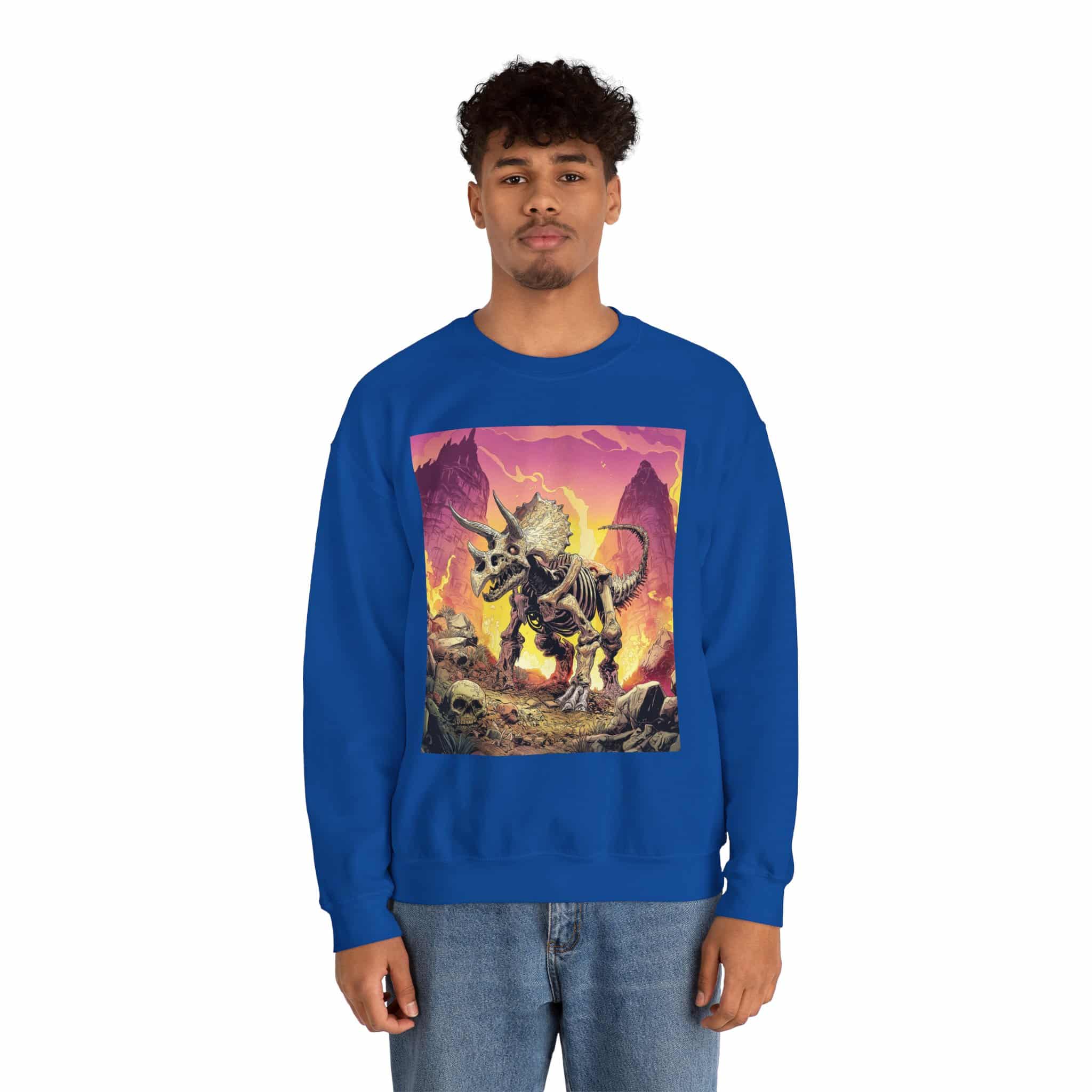Skeletal Zombie Triceratops In Volcanic Wasteland Unisex Heavy Blend™ Crewneck Sweatshirt - Image 48
