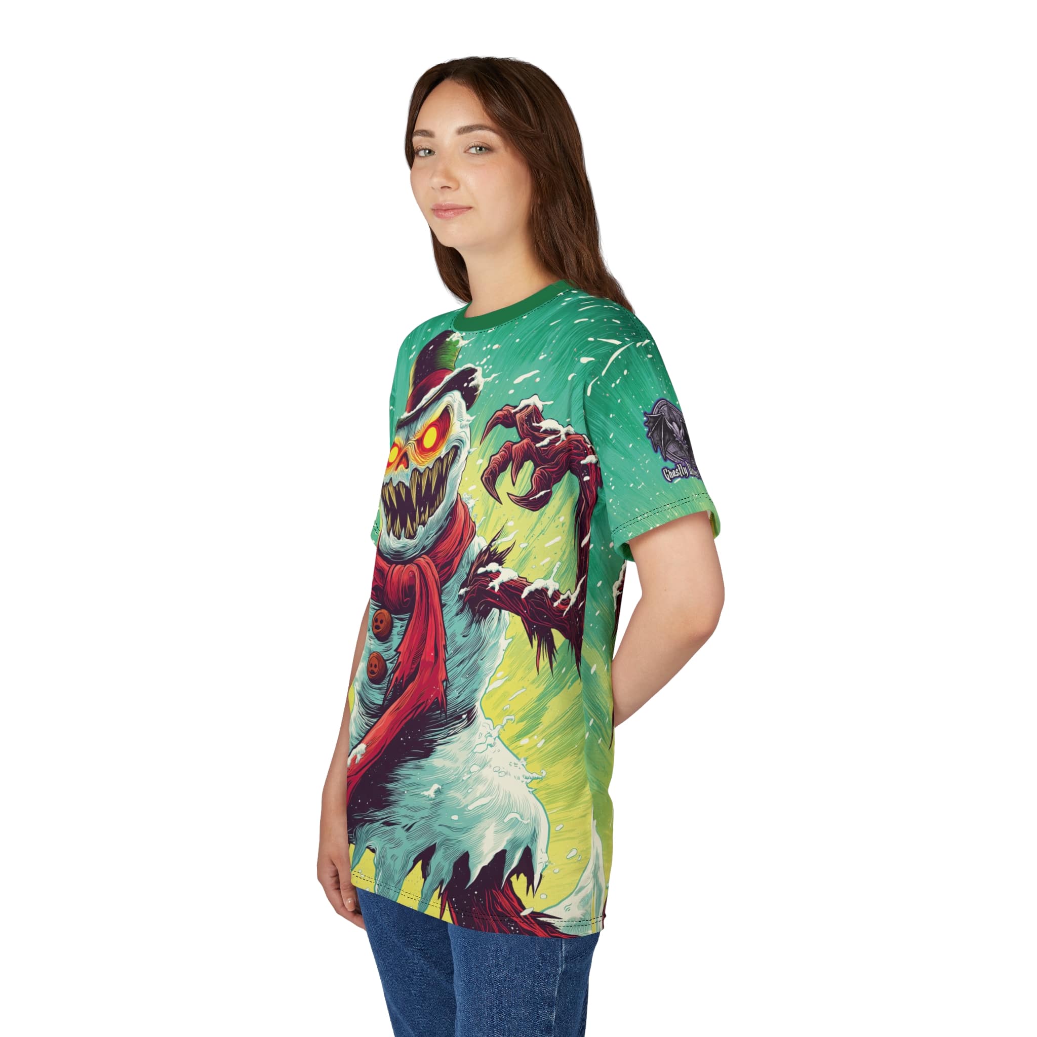 Sadistic Snowman Pop 60’s Art Style Unisex Tee (AOP) Christmas Winter - Image 18