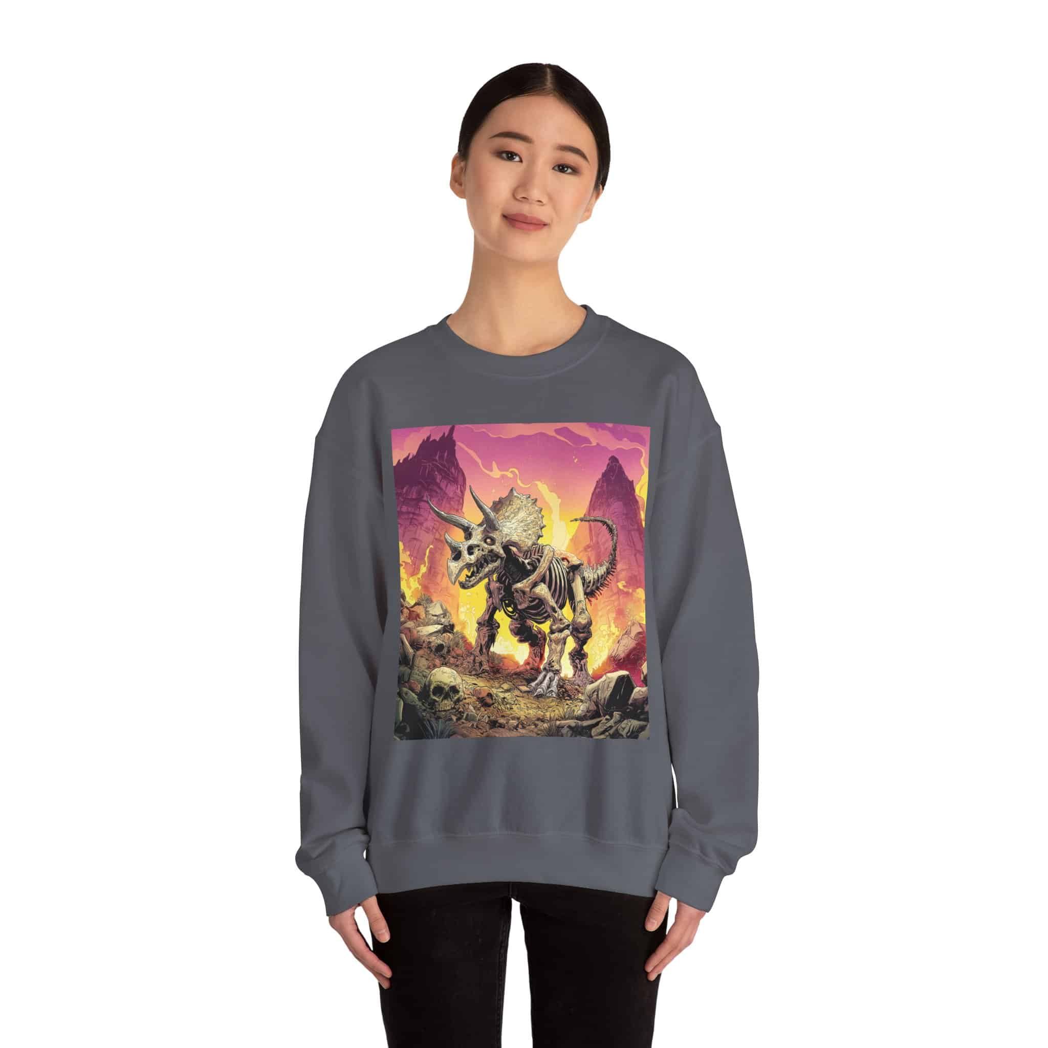 Skeletal Zombie Triceratops In Volcanic Wasteland Unisex Heavy Blend™ Crewneck Sweatshirt - Image 10