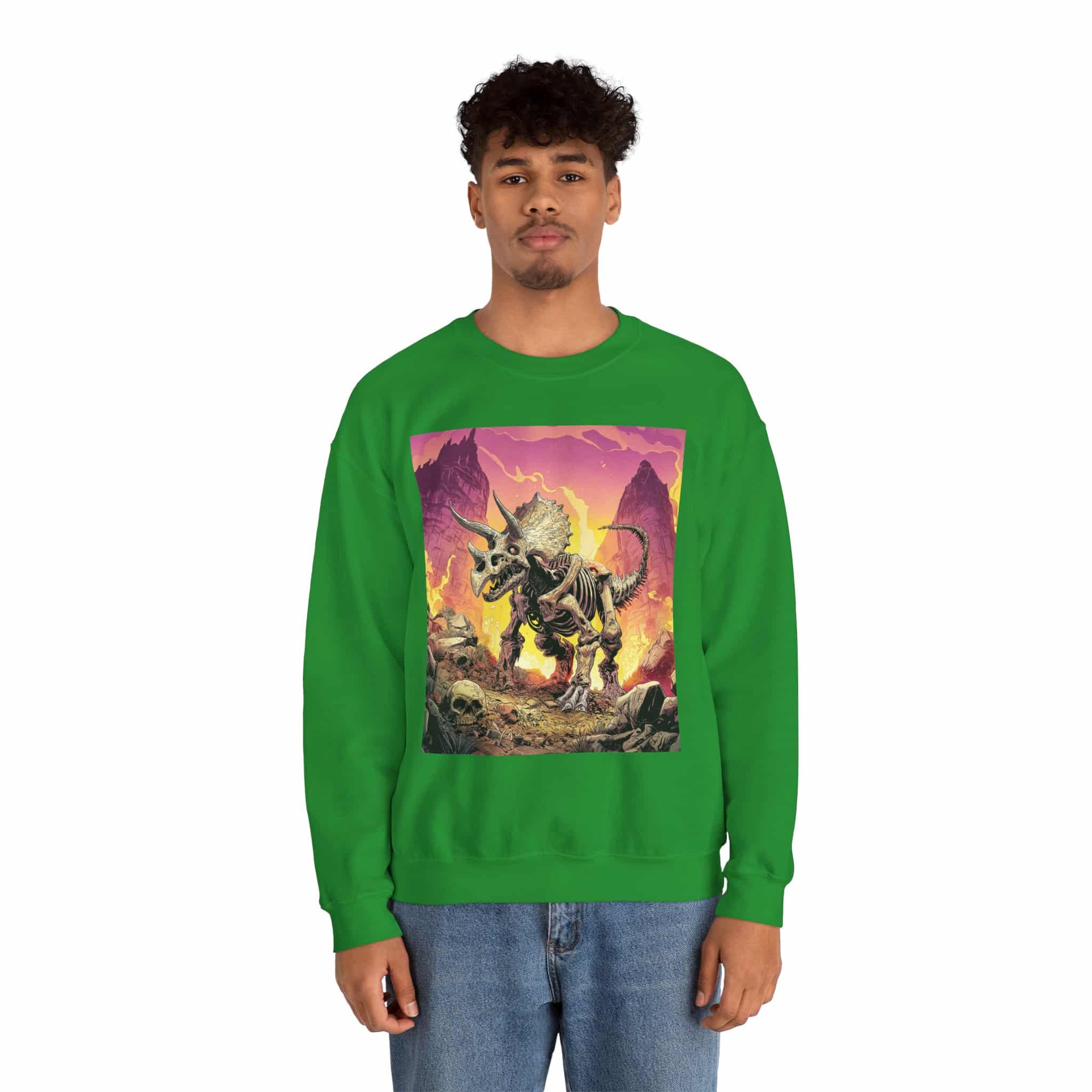 Skeletal Zombie Triceratops In Volcanic Wasteland Unisex Heavy Blend™ Crewneck Sweatshirt - Image 40