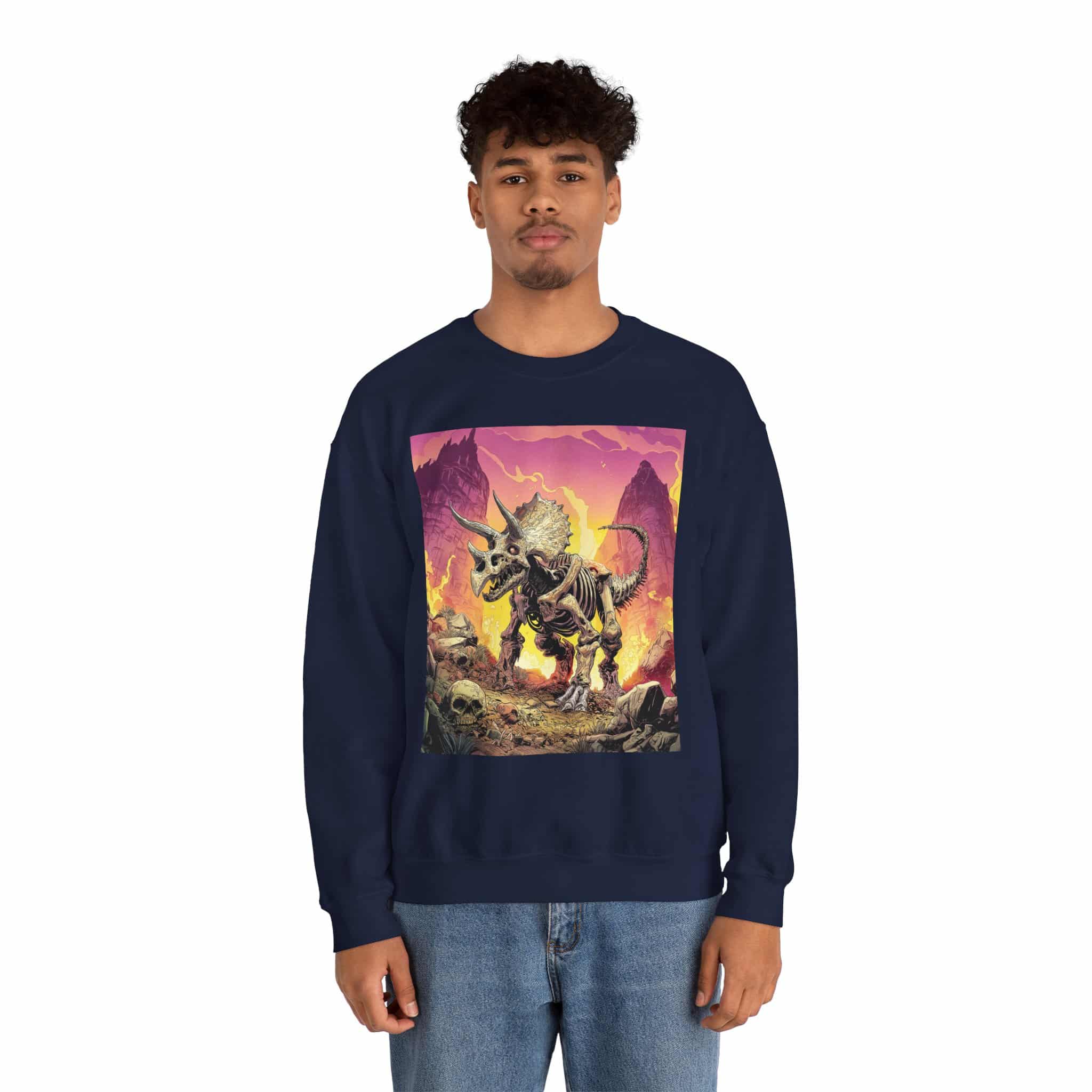 Skeletal Zombie Triceratops In Volcanic Wasteland Unisex Heavy Blend™ Crewneck Sweatshirt - Image 52