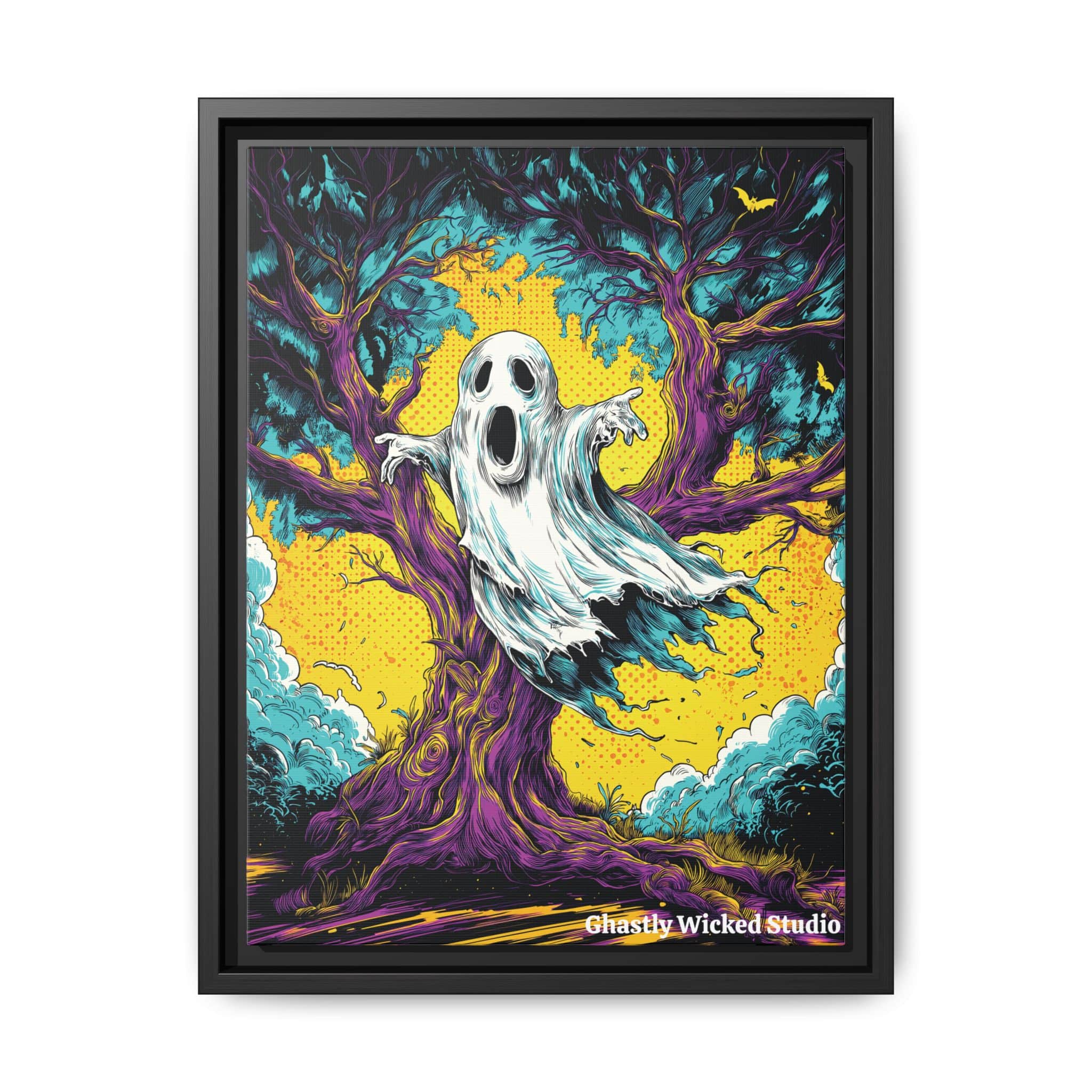 Ghost & Spooky Tree Pop 60’s Art Style Matte Canvas, Black Frame Halloween