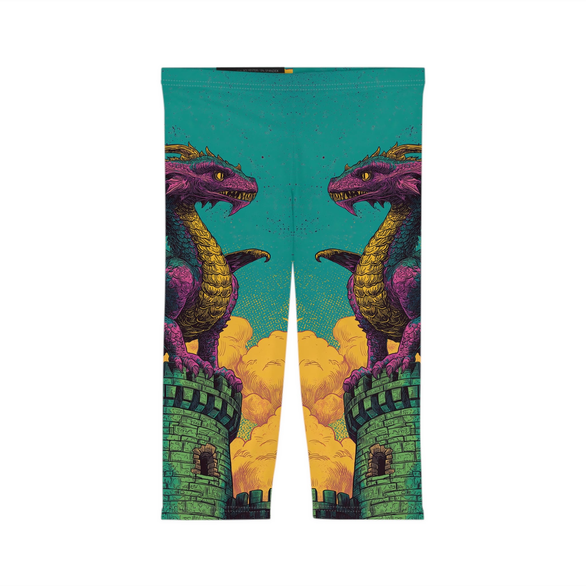 Dragon Guarding Castle Tower 60’s Pop Art Style Capri Leggings - Image 2