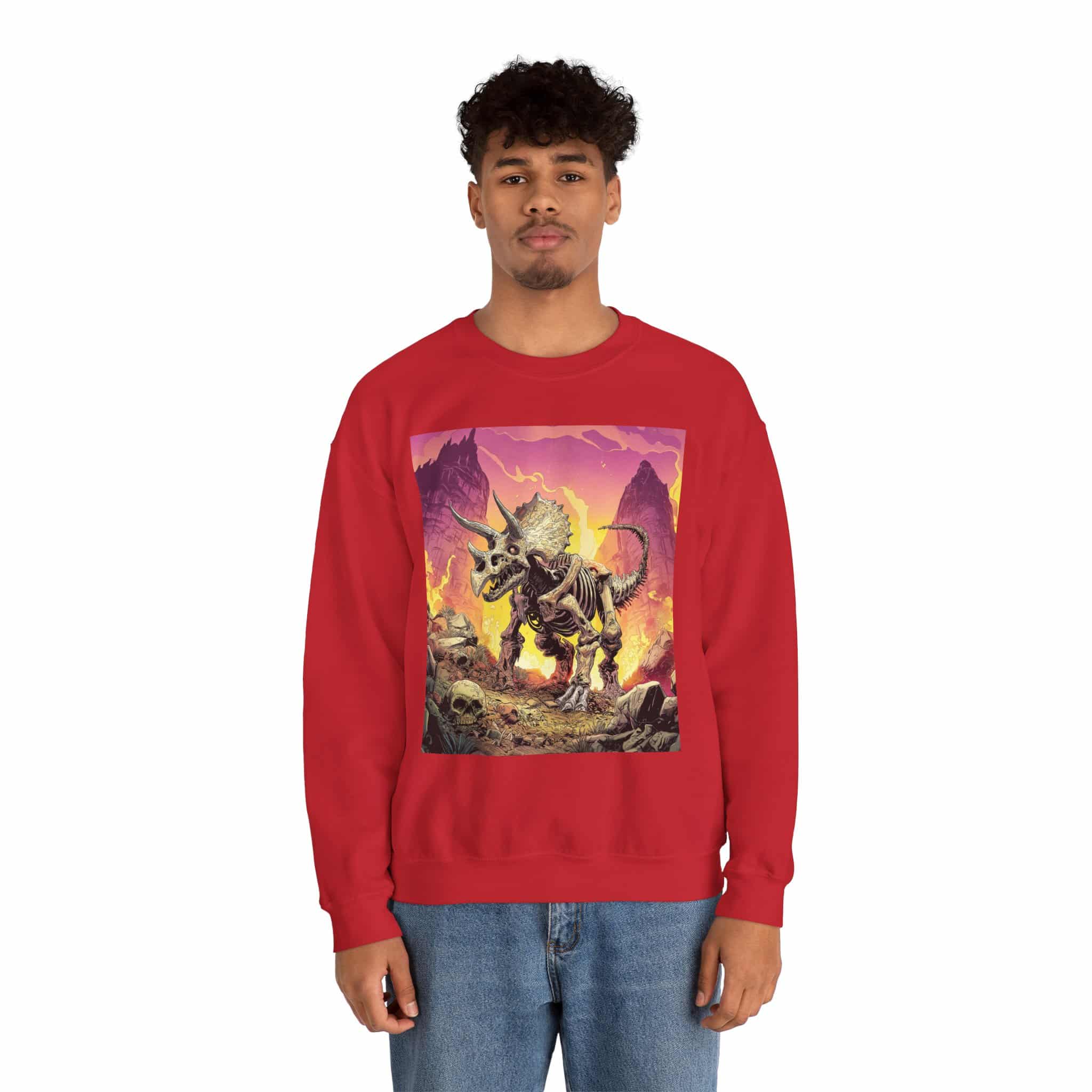 Skeletal Zombie Triceratops In Volcanic Wasteland Unisex Heavy Blend™ Crewneck Sweatshirt - Image 60