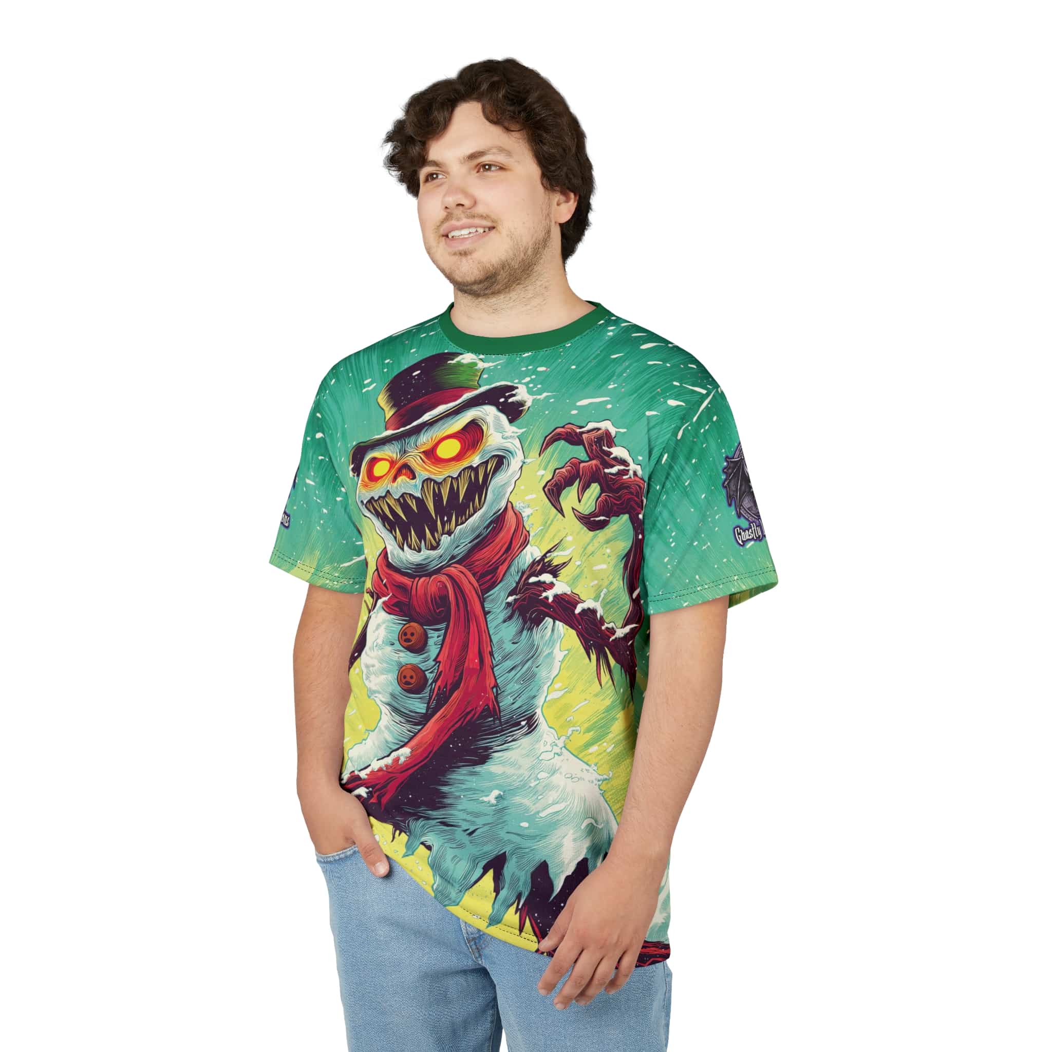 Sadistic Snowman Pop 60’s Art Style Unisex Tee (AOP) Christmas Winter - Image 10