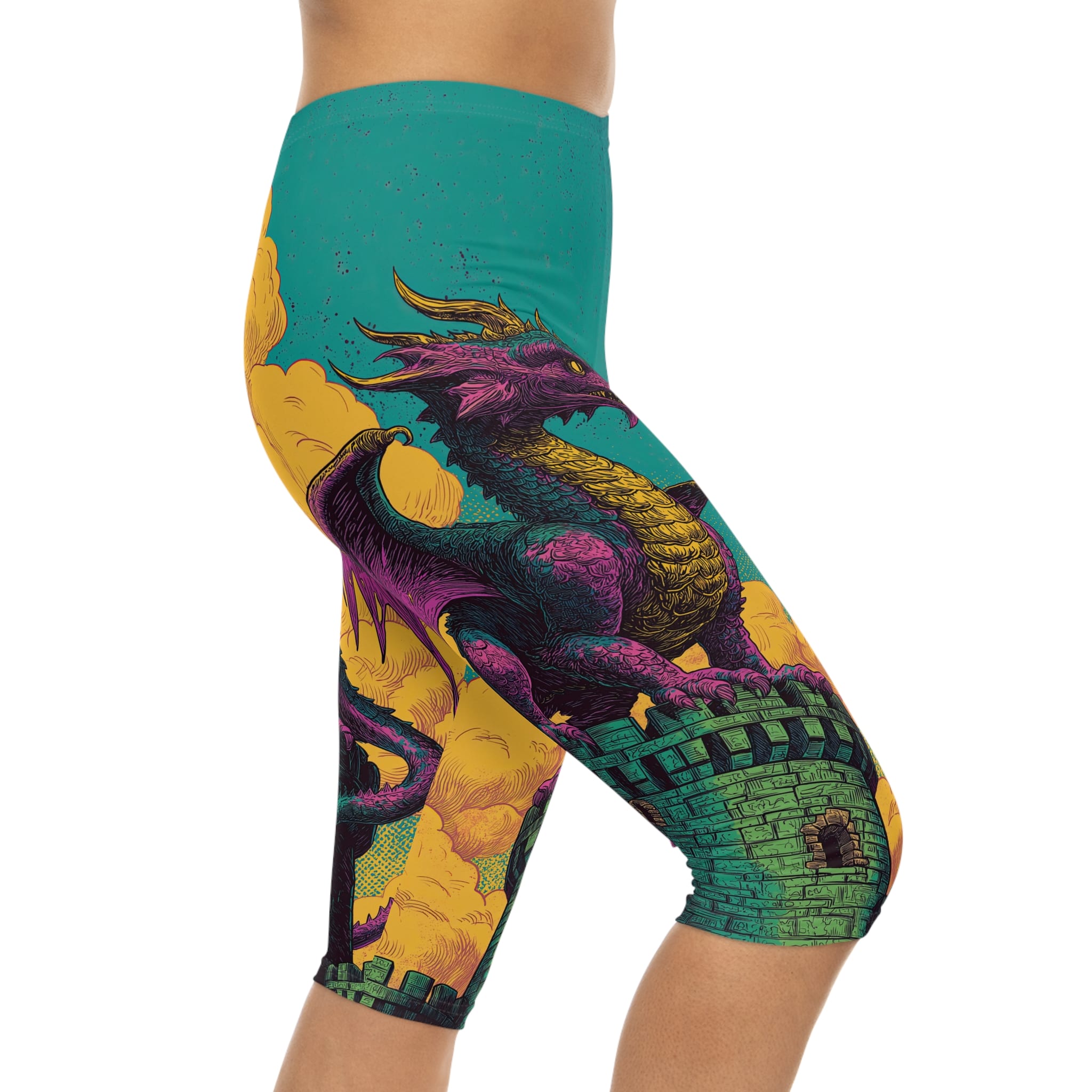 Dragon Guarding Castle Tower 60’s Pop Art Style Capri Leggings - Image 6