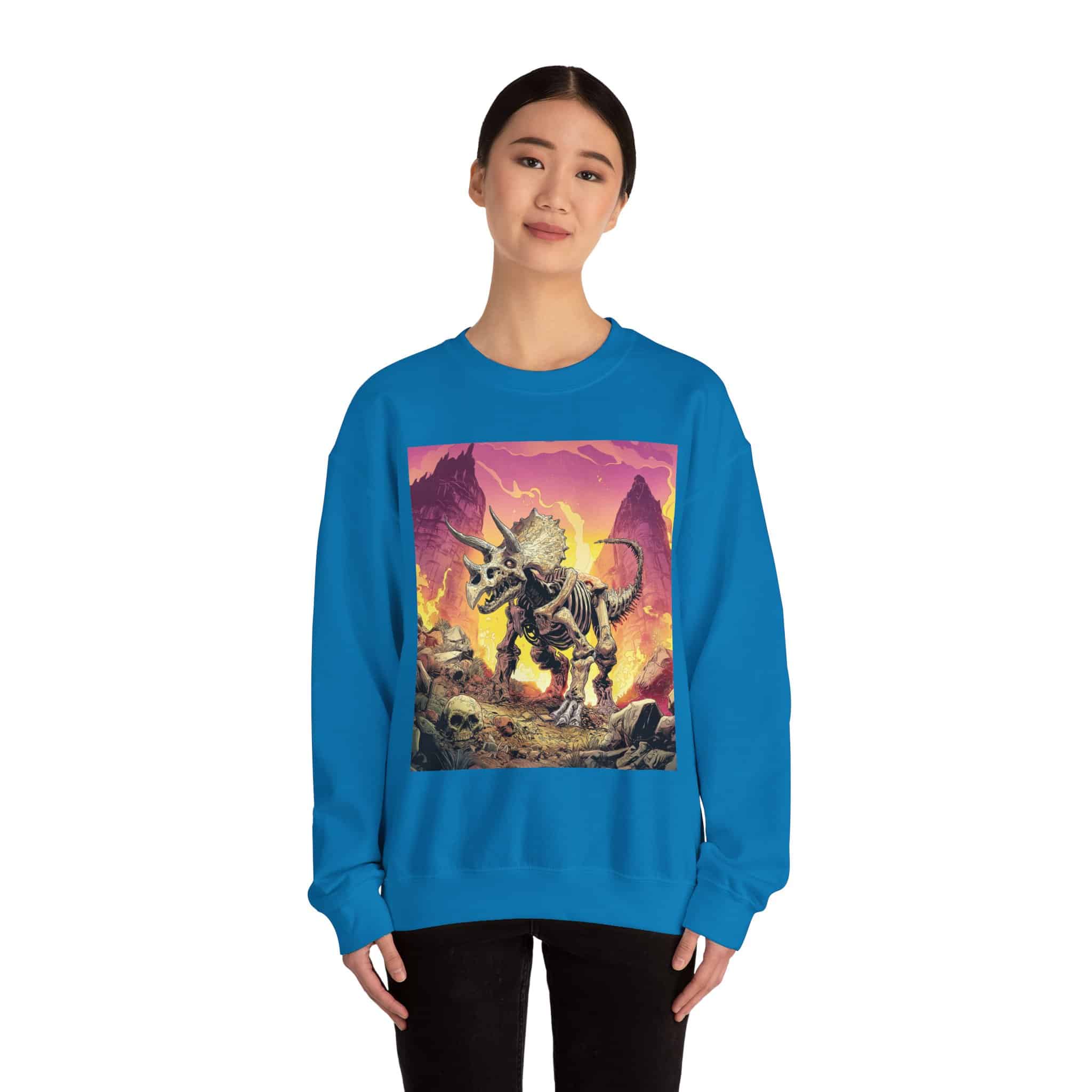 Skeletal Zombie Triceratops In Volcanic Wasteland Unisex Heavy Blend™ Crewneck Sweatshirt - Image 42