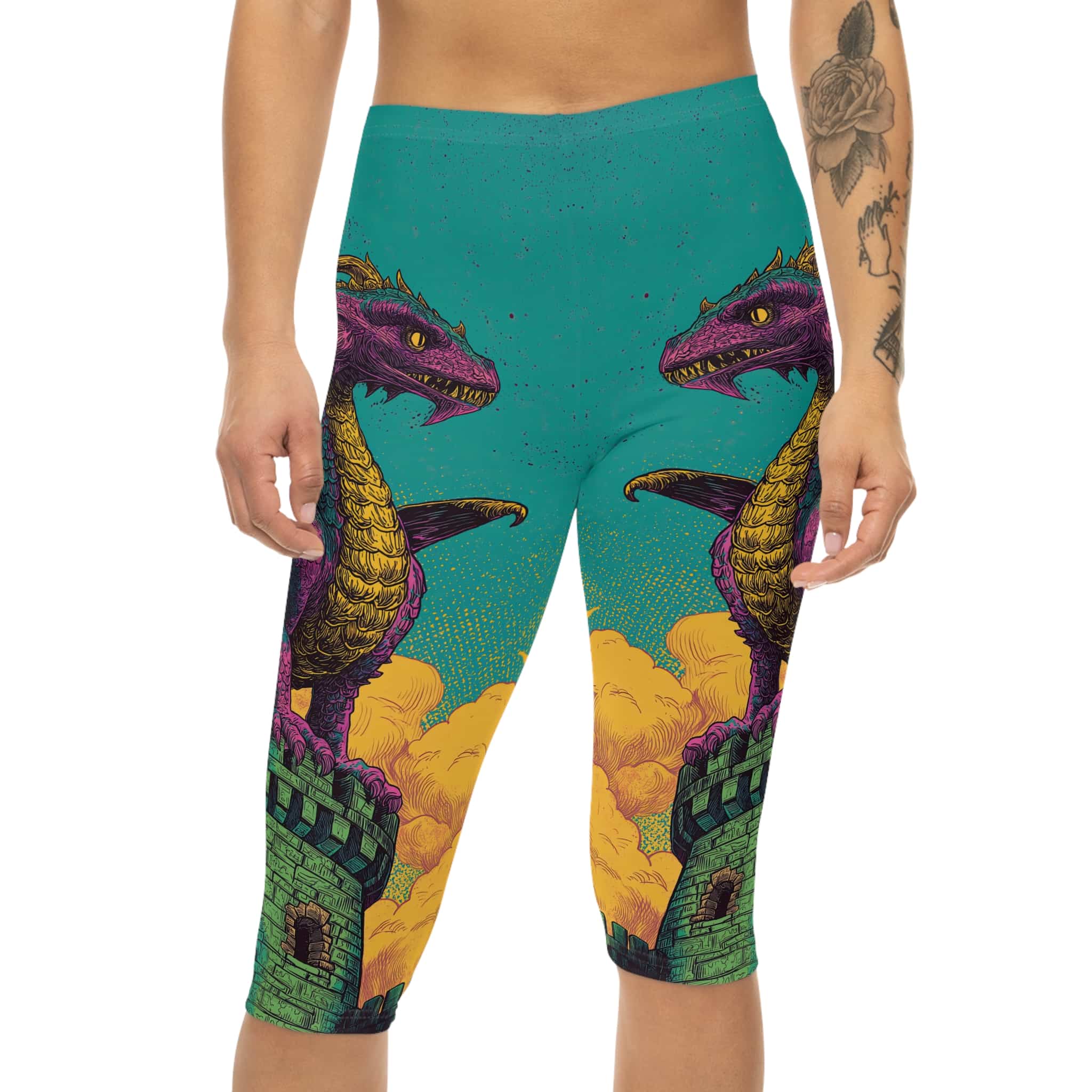 Dragon Guarding Castle Tower 60’s Pop Art Style Capri Leggings - Image 4