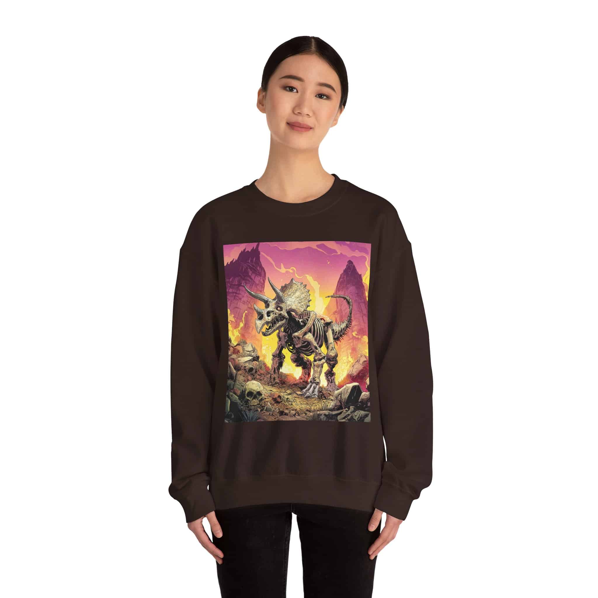 Skeletal Zombie Triceratops In Volcanic Wasteland Unisex Heavy Blend™ Crewneck Sweatshirt - Image 22