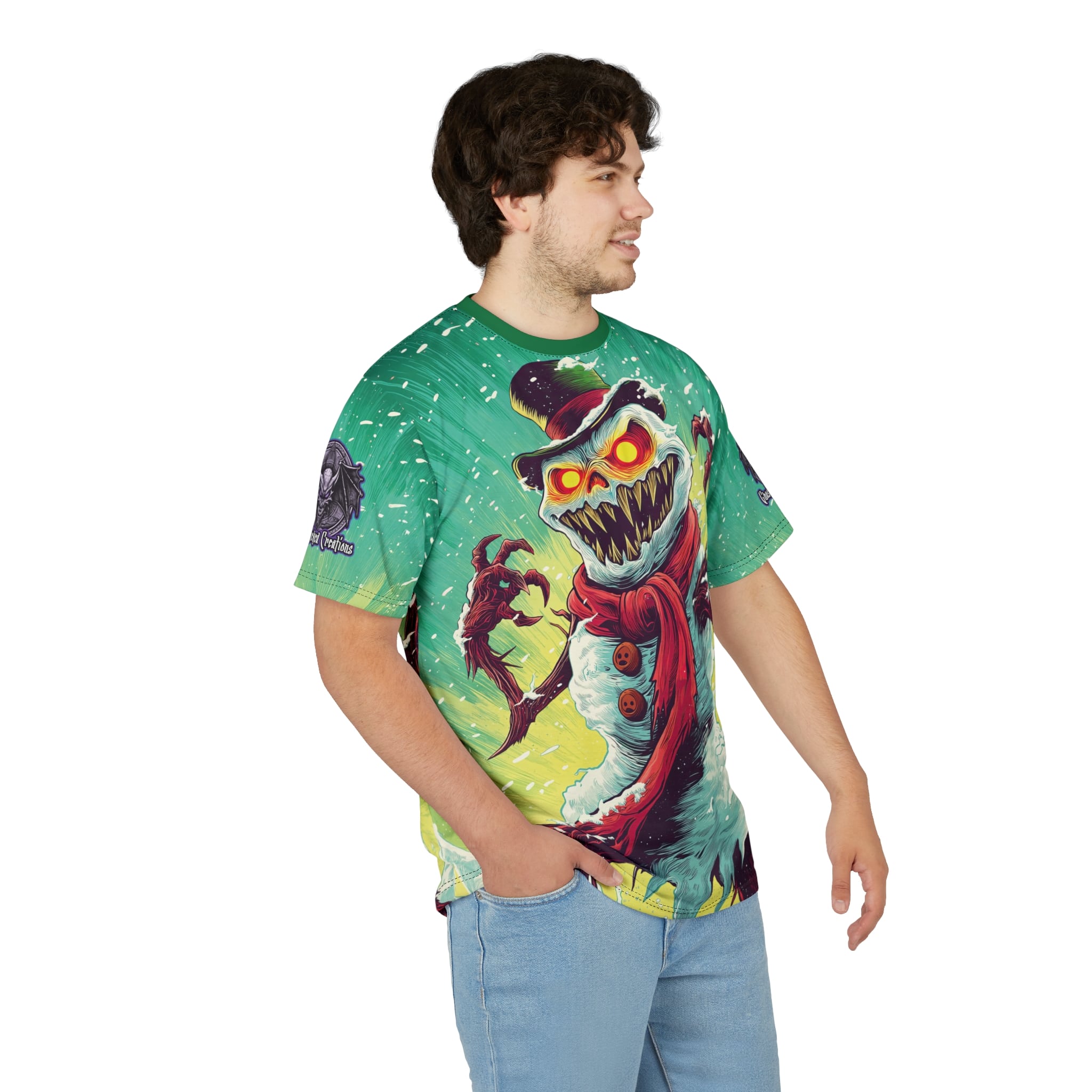 Sadistic Snowman Pop 60’s Art Style Unisex Tee (AOP) Christmas Winter - Image 16