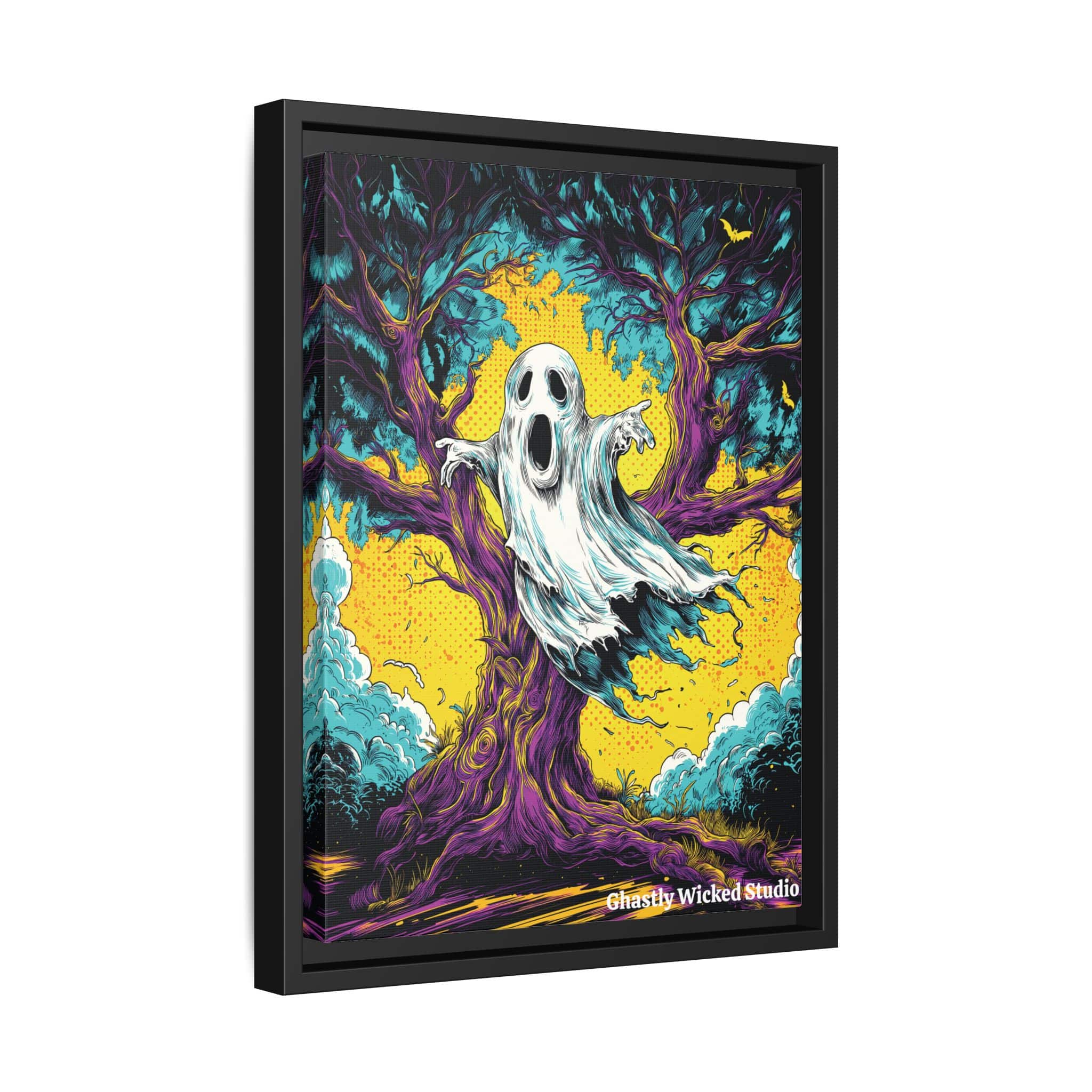 Ghost & Spooky Tree Pop 60’s Art Style Matte Canvas, Black Frame Halloween - Image 2