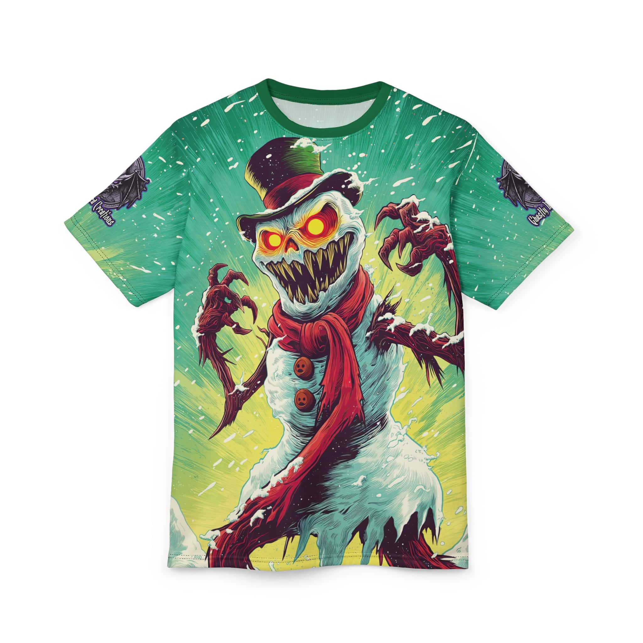 Sadistic Snowman Pop 60’s Art Style Unisex Tee (AOP) Christmas Winter - Image 6