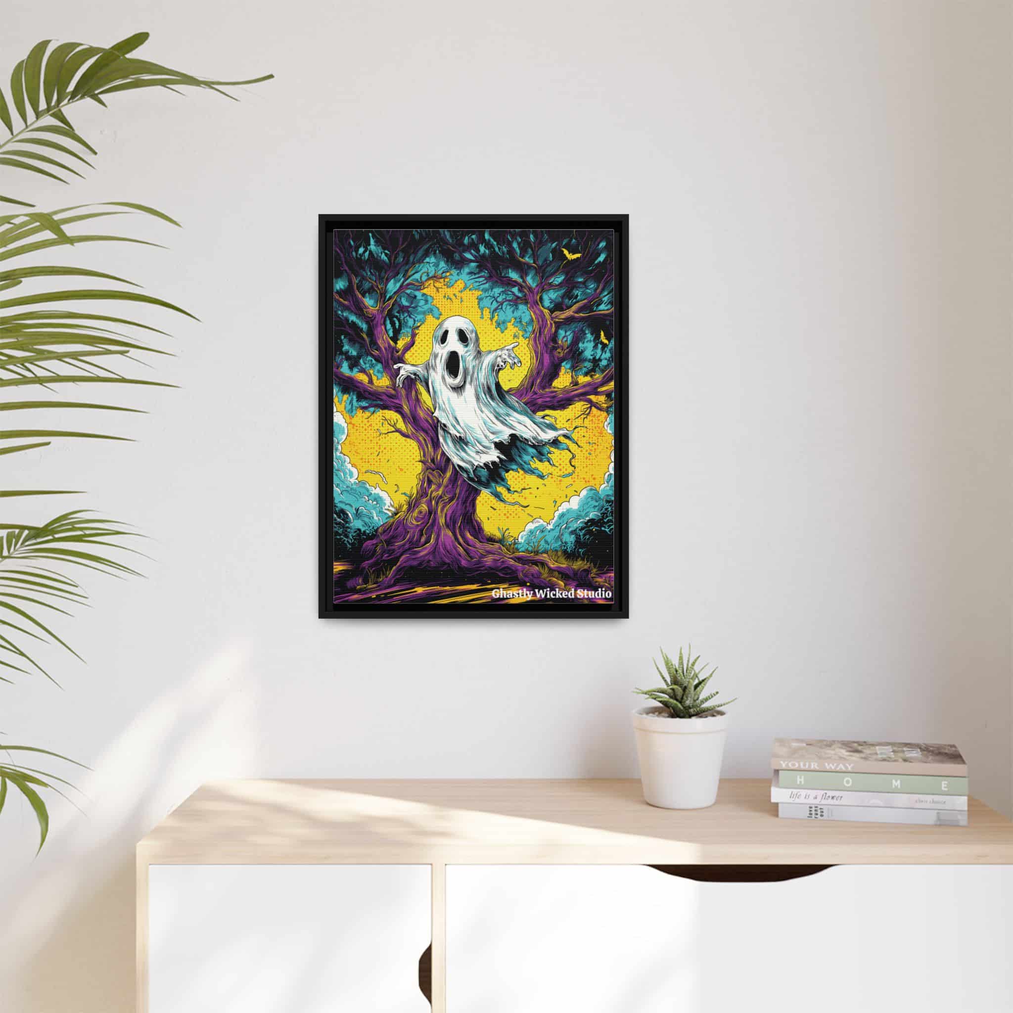 Ghost & Spooky Tree Pop 60’s Art Style Matte Canvas, Black Frame Halloween - Image 9