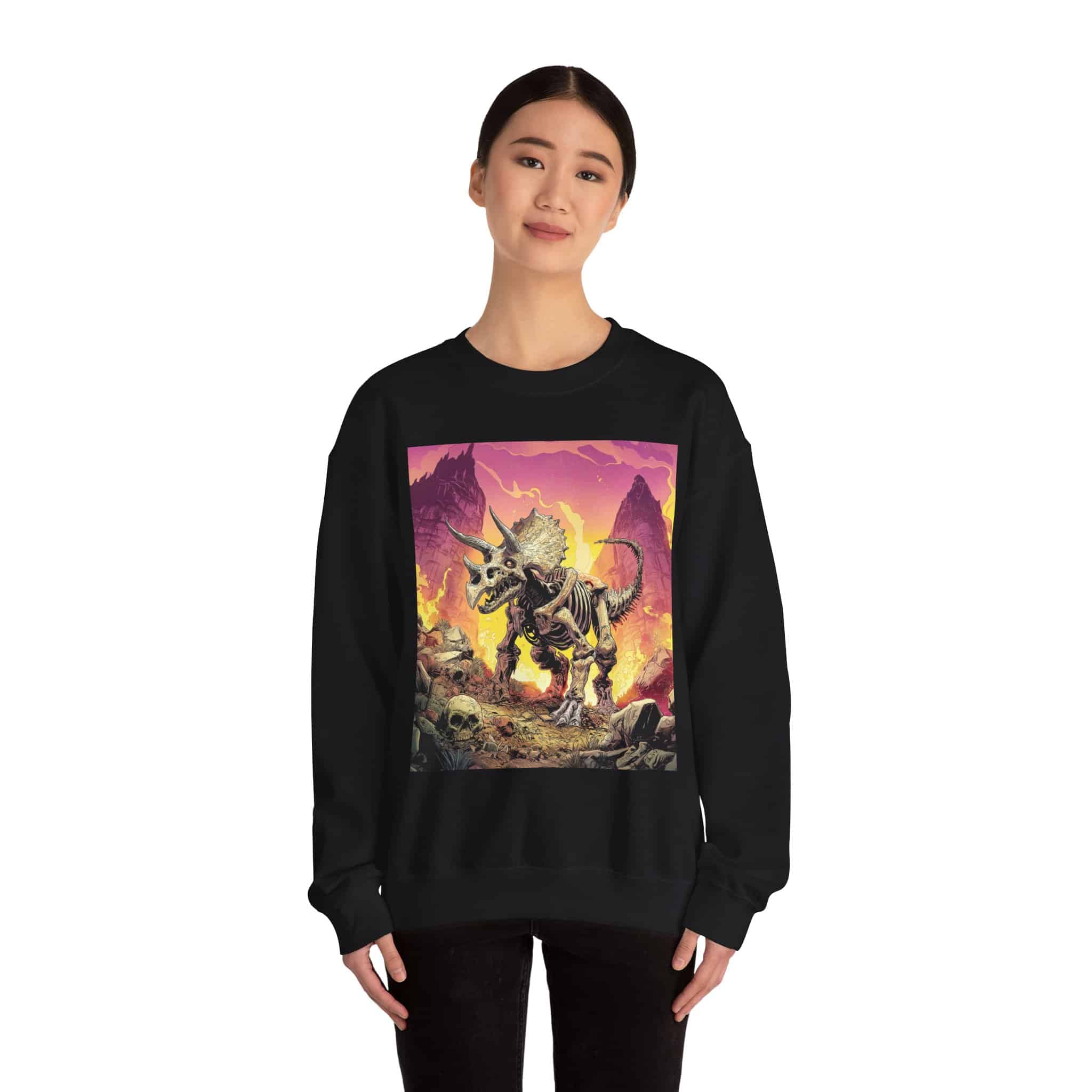 Skeletal Zombie Triceratops In Volcanic Wasteland Unisex Heavy Blend™ Crewneck Sweatshirt - Image 18