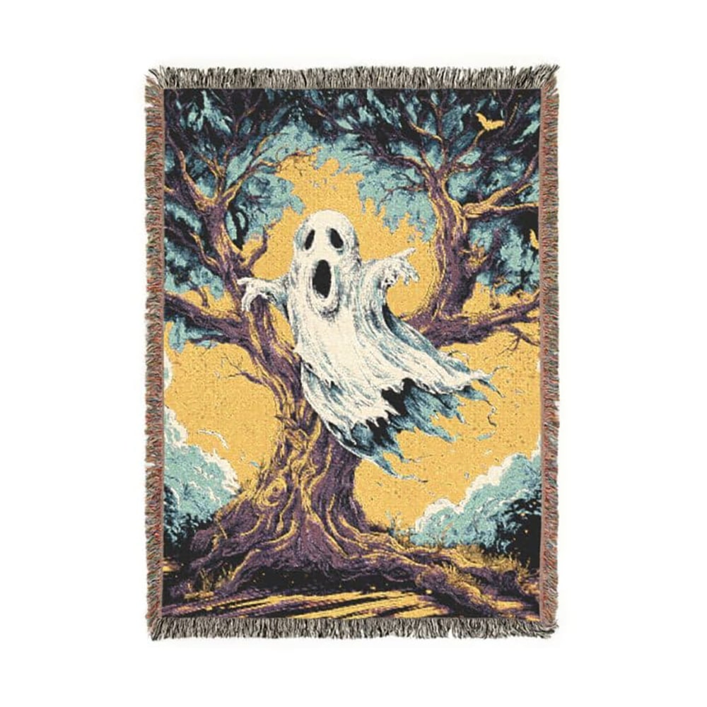 Spooky Ghost & Creepy Tree Woven Blanket, Cozy Throw for Halloween, Fall Decor, Perfect for Movie Nights, Gift for Ghost Lovers, Home Accessories