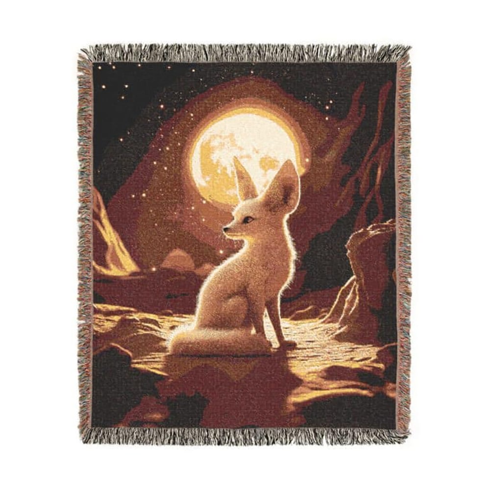 Fennec Fox In Desert Moonlight Woven Blanket, Cozy Throw for Halloween, Fall Decor, Perfect for Movie Nights, Gift for Animal Lovers, Home Accessories