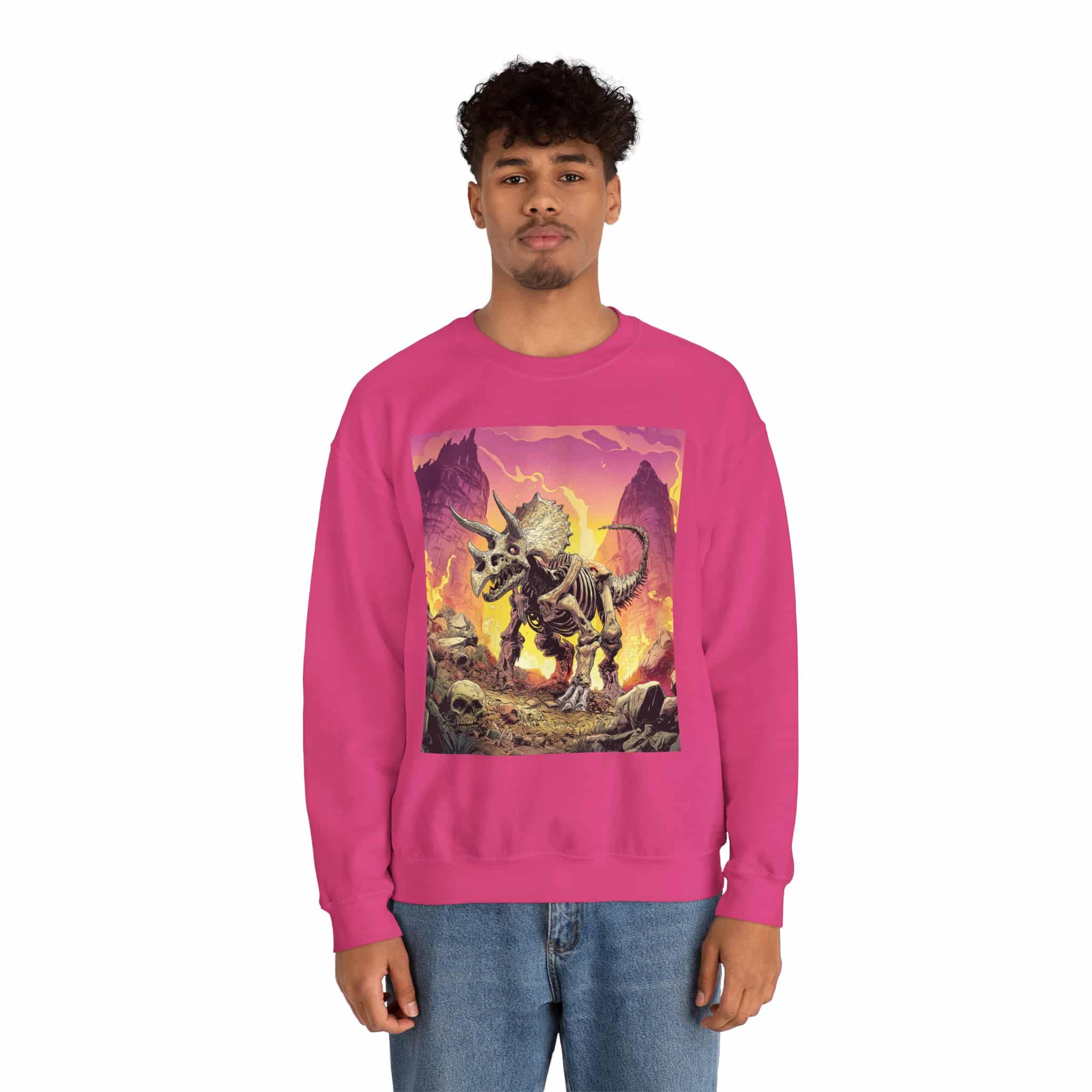 Skeletal Zombie Triceratops In Volcanic Wasteland Unisex Heavy Blend™ Crewneck Sweatshirt - Image 4
