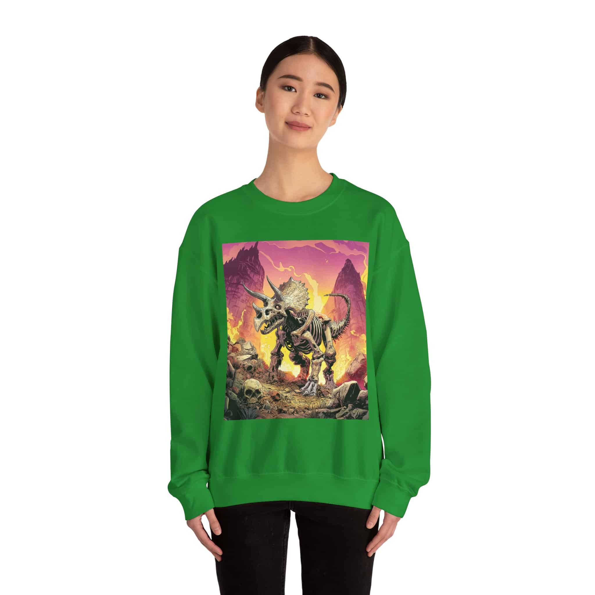Skeletal Zombie Triceratops In Volcanic Wasteland Unisex Heavy Blend™ Crewneck Sweatshirt - Image 38