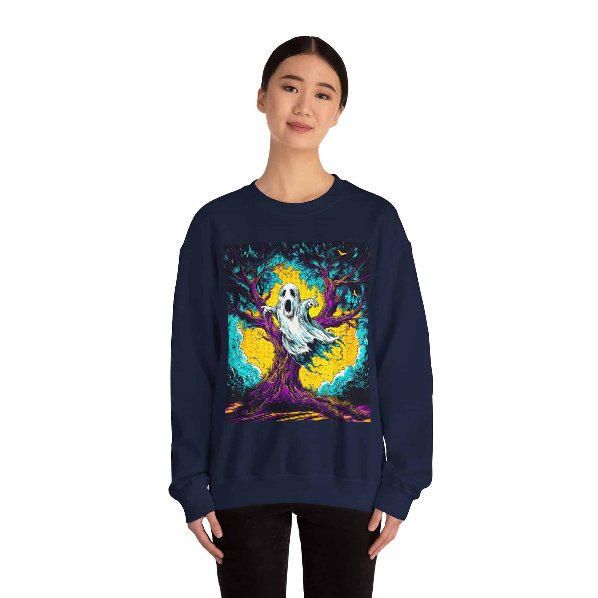 Ghost & Spooky Tree Pop 60’s Art Style Unisex Heavy Blend™ Crewneck Sweatshirt - Image 4