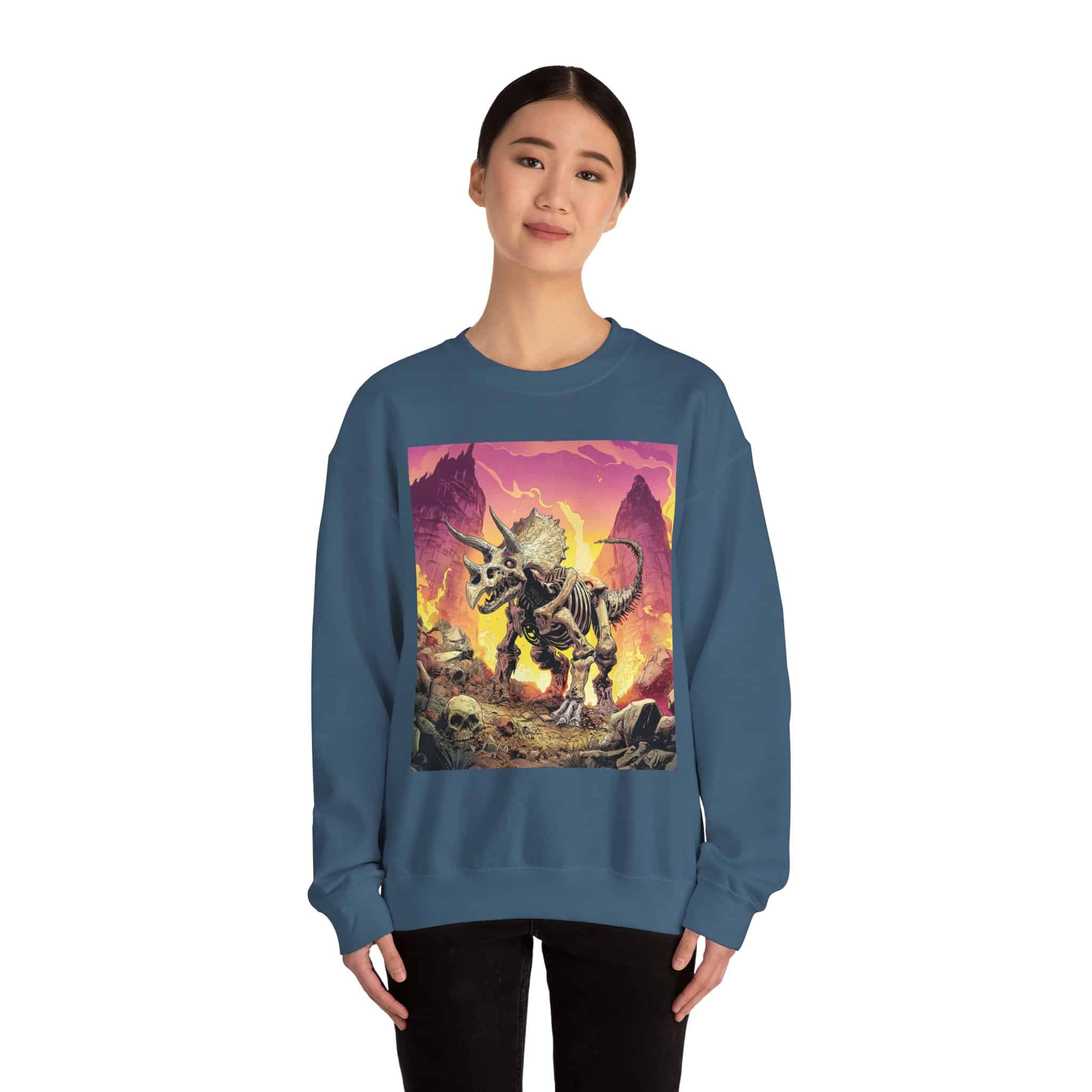 Skeletal Zombie Triceratops In Volcanic Wasteland Unisex Heavy Blend™ Crewneck Sweatshirt - Image 6